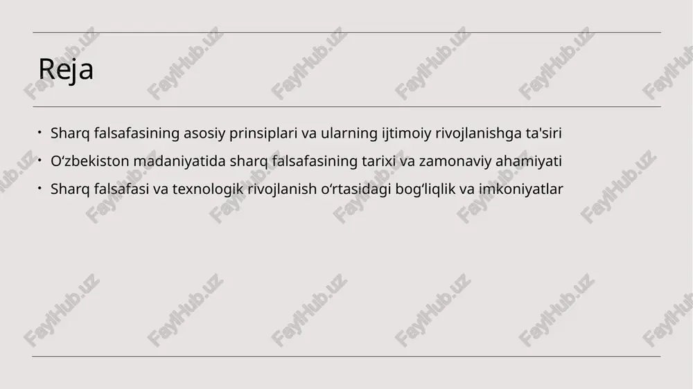 rixiy meros sharq falsafasi, ayniqsa, budda, konfutsiyning ta'limotlari, va o'zbek madaniyatidagi sufizm bilan bog‘liq yondashuvlar orqali tarixiy rivojlanishni shakllantirgan. bu meros zamonaviy fikrlashga asos bo‘lib xizmat qiladi. 3 zamonaviy ahamiyati o‘zbek madaniyatida sharq falsafasi, innovatsiyalar va intellektual rivojlanishni rag‘batlantiradi. bu, ayniqsa, texnologik va ilmiy sohalarda yangi imkoniyatlar yaratishda muhim ahamiyat kasb etadi. o‘zbekiston madaniyatida sharq falsafasining tarixi: ildizlar va rivojlanish yo‘llari. 1 tarixiy ildizlar o‘zbekiston madaniyatida sharq falsafasining tarixi qadimiy davrlarga borib taqaladi, u turkiy, fors va hind madaniyatlarining o’zaro ta’sirlaridan shakllangan. 2 rivojlanish yo‘llari sharq falsafasi o‘zbekiston hududida asrlar davomida rivojlanib, diniy, madaniy va ilmiy an’analarga asoslangan holda yangi shakllarga ega bo‘ldi. 3 madaniy meros bu falsafa o‘zbekiston madaniyatining ajralmas qismiga aylangan, yosh avlodlarga an’analardan ilhomlanib izchil rivojlanish tamoyillarini o‘rgatadi. zamonaviy o‘zbekiston madaniyatida sharq falsafasining ahamiyati va uning yangilanishdagi roli. 01 madaniy meros zamonaviy o‘zbekiston madaniyatida sharq falsafasi, tarixiy va madaniy meros sifatida, insoniyat rivojlanishi va ma'naviy qadriyatlarning shakllanishida …