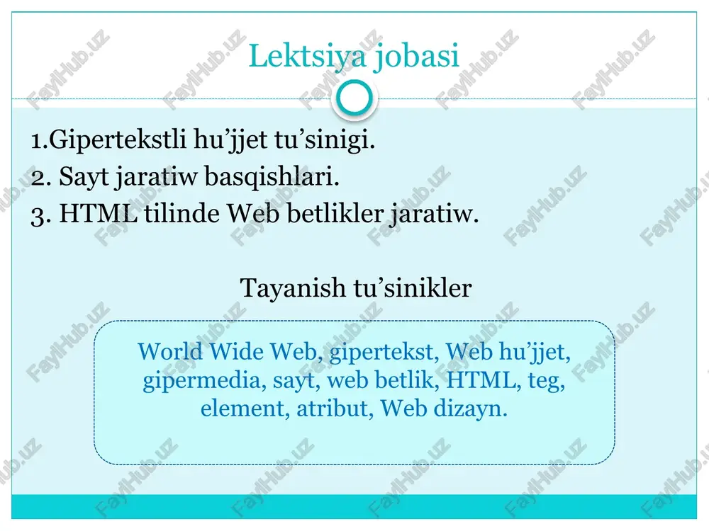 iriw). web saytti turaqli tu’rde jan’alap turiw. 6 web betlikler jaratiw qurallari 7 gipertekstli hu’jjet jaratiw programmalari html vizual redaktorlar ha’m grafika macromedia dreamweaver java script php, perl mysql adobe photoshop flash h.t.b tekst redaktori ja’rdeminde gipertekstli hu’jjet jaratiw a’piwayi gipertekstli hu’jjet (web-betlik) tekst redaktorinda jaratiliwi mu’mkin bloknot programmasinda jan’a dan fayl aship, tekst, suwret kiritin’ hu’jjette giperbag’itlar qoyin’ fayldi .htm ken’eytpesi menen saqlan’ hu’jjet mazmunina wo’zgerisler kiritiw ushin woni qaytadan bloknotta ashasiz fayldi brawzerlerdin’ birinde aship ko’rin’ a’piwayi tekstli fayldan html-hu’jjet belgiler kodi’ (tegler) menen pari’qlanadi’ teglerdin’ waziypalari hu’jjetti formatlaw hu’jjet maketin tayarlaw hu’jjetti basqa hu’jjetler menen baylani’sti’ri’w html tegleri teg – bul browser tu’sinetug’in xi’zmetshi so’z, bashqasha aytqanda kod yaki buyri’q. tegler ekranda ko’rinbeydi, biraq wolar ja’rdeminde biz browserge web betlik ekrang’a qanday shi’g’ari’li’wi’ haqqi’nda ko’rsetpeler beriledi. misali, tekst jaylasiwi, shrift tu’ri, wo’lshemi, ren’i, su’wret qoyi’w, giperbag’i’t jarati’w h.t.b. html tili 3000 nan arti’q teglerge iye. tegler a’dette …