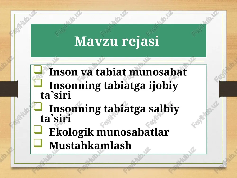 omonidan o‘simlikning yangi navlarini yaratilishi, hayvonlarning yangi (go‘shtdor, sersut va hokazo) zotlarini olinishi, oziq-ovqat mahsulotlarining ko‘paytirilishi misol bo‘ladi. salbiy ta’sirga yovvoyi hayvonlarni ko'plab ovlash natijasida ularning qirilib ketishi, o'rmondagi daraxtlarning keragidan ortiq kesilishi, atmosfera havosining chiqindilar bilan ifloslanishi, cho‘llarning o‘zlashtirilishi natijasida daryo va dengizlarning qurib qolishi kiradi. insonning tabiatga ijobiy ta’siri insonning tabiatga salbiy ta’siri dastlabki ovchilar tomonidan xx asrgacha yer yuzidan yo‘qolgan hayvonlar: 1 – stellerov sigiri; 2 – qalin junli karkidon; 3 – xaltali bo‘ri; 4 – sayyor kaptar; 5 – tur; 6 – dront; 7 – gigant dinornis. ekologik muammolar. odamning tabiatga salbiy ta’siri ortgani sari turli ekologik muammolar kelib chiqadi. masalan, odam tomonidan cho‘llarning o‘zlashtirilishi, tuproqning sho‘ rini yuvish va cho‘l zonalarida o‘stiriladigan o‘simlik, masalan, g‘o‘zani sug‘orish natijasida orol dengizi quriy boshladi. transport vositalarining ko‘payishi, yonilg‘idan ko‘p miqdorda foydalanish atmosferadagi karbonat angidrid miqdorini oshirib, havo haroratining ko‘tarilishiga, bu esa o‘z navbatida muzliklarning erib, ayrim joylarda suv …