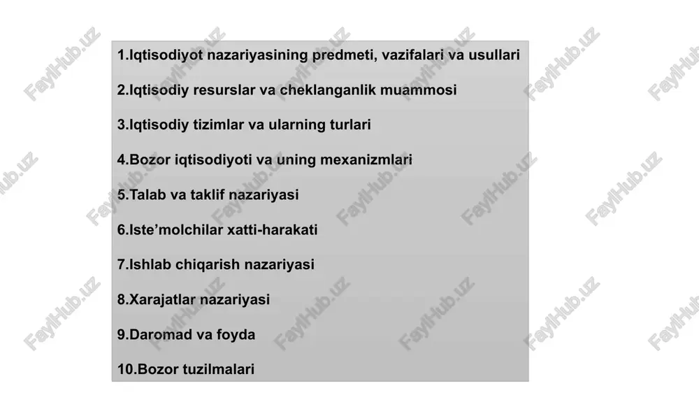 gilar: vazifa mazmuni tushuntirish qanday va nima sababdan iqtisodiy jarayonlar sodir bo‘lishini aniqlash (masalan, talab va taklif qanday narxni va qancha miqdorda shakllantirishi) tahlil qilish turli omillar, sharoitlar (masalan ta’minot, talab, texnologiya) o‘zgarishining natijalarini ko‘rib chiqish bashorat qilish kelajakda iqtisodiy ko‘rinishlar, tendensiyalar qanday bo‘lishini taxmin qilish (masalan, inflyatsiya, ish o‘rinlari, o‘sish darajasi) normativ tavsiyalar siyosat va strategiyalar (soliqlar, tartibga solish, subsidiyalar va hokazo) bo‘yicha qarorlar uchun asos ishlab chiqish 2. iqtisodiyot nazariyasining vazifalari nazariya tuzishda va iqtisodiy tadqiqotlarda ishlatiladigan asosiy metodlar: usul tavsifi / qanday ishlatiladi model iqtisodiy jarayonlarni soddalashtirilgan shaklda tasvirlaydigan tushunchaviy yoki matematik struktur. masalan, talab-taklif modeli, foyda maksimalizatsiyalash modeli. gipoteza (taxmin) ma’lum shartlar asosida iqtisodiy hodisalar qanday bo‘ladi degan da’vo; tajriba yoki kuzatuv orqali tekshiriladi. induktiv metod tajriba va kuzatuvlar orqali umumiy qonuniyatlarni aniqlash (ya’ni, konkret misollardan umumiy xulosaga borish) deduktiv metod umumiy tamoyillar yoki qonuniyatlardan ma’lum holatlarga xulosa chiqarish (masalan, maksimalizatsiya, raqobat nazariyasi) statistik va matematik …