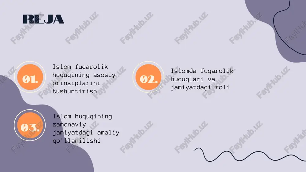 atda qo'llanilishi hozirgi zamonda, islom huquqi musulmon davlatlarida, masalan, oilaviy huquqlar va moliyaviy masalalarda qo'llanilmoqda. bu, diniy qadriyatlar va davlat qonunlari o'rtasidagi muvofiqlikni ta'minlashga yordam beradi. asosiy tamoyillar va amaliyotdagi roli adolat, rahm-shafqat, tenglik kabi asosiy tamoyillar amaliyotda muhim. ular sudlov, moliya va ijtimoiy adolatda qo'llaniladi, inson huquqlari va jinsiy tenglikni ta'minlashda muhim rol o'ynaydi. misollar va holatlar indoneziya, malayziya va ba'zi afrika davlatlarida diniy sudlar, islom banklari va moliyaviy institutlar faoliyat yuritmoqda, bu esa islom huquqining zamonaviy amaliyotdagi misollari bo'lib xizmat qiladi. islom huquqi va ijtimoiy adolat islom huquqi ijtimoiy adolatni ta'minlashda muhim rol o'ynaydi. u adolat, tenglik va inson huquqlariga asoslangan prinsiplarni ruhlantiradi. fuqarolik huquqlari, jumladan, inson huquqlari va tenglik prinsiplari, islom huquqi asosida muhim o'rin tutadi. bu jamiyatda barqarorlik va rivojlanishni ta'minlaydi. zamonaviy muammolar, masalan, boy-bepoylik va gender tengsizligi, islom huquqi orqali hal qilinishi mumkin. u adolat va tenglik asosida muomala qilishga chaqiradi. xulosa islom fuqarolik huquqi …