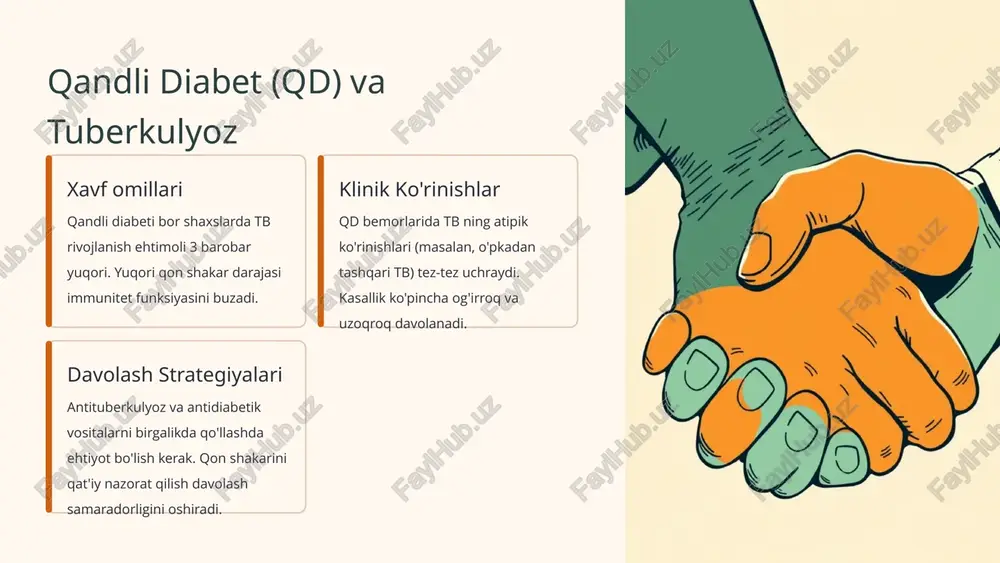 'rsatishi mumkin, bu esa oldindan mavjud oit kasalliklarini kuchaytiradi. kompleks boshqaruv dozalash rejimini shaxsiy o'lchash va muntazam monitoring dori-darmonlarning so'rilishi va yon ta'sirini kamaytirish uchun zarurdir. 5 homiladorlik va tuberkulyoz onalar va bolalar uchun xavflar homiladorlik davrida tb ning faol shakli onalar va xomila uchun jiddiy xavf tug'diradi. davolanmaslik erta tug'ruq, past vazn va perinatal o'limga olib kelishi mumkin. 1 skrining: barcha yuqori xavfli homilador ayollarni skriningdan o'tkazish muhim. 2 xavfsiz davolash: izoniyazid, rifampitsin va etambutol birinchi qatordagi xavfsiz dorilar hisoblanadi. streptomitsin homiladorlikda kontrendikedir. tb bilan kasallangan onalar bolani emizishi mumkin, chunki dorilarning sutga o'tishi miqdori past va foydasi xavfdan ustun turadi. 6 alkogolizm va tuberkulyoz oziqlanish buzilishi alkogolizm natijasida yuzaga keladigan yomon ovqatlanish immunitet tizimini zaiflashtiradi. jigar toksikligi alkogolning surunkali iste'moli antituberkulyoz dorilarning gepatotoksik ta'sirini keskin oshiradi. og'ir kechish alkogoliklarda tb ko'pincha tarqoq (miliar) va keng tarqalgan shaklda, tez-tez relapslar bilan kechadi. davolashga riyo qilish alkogolga qaramlik davolash rejimiga …
