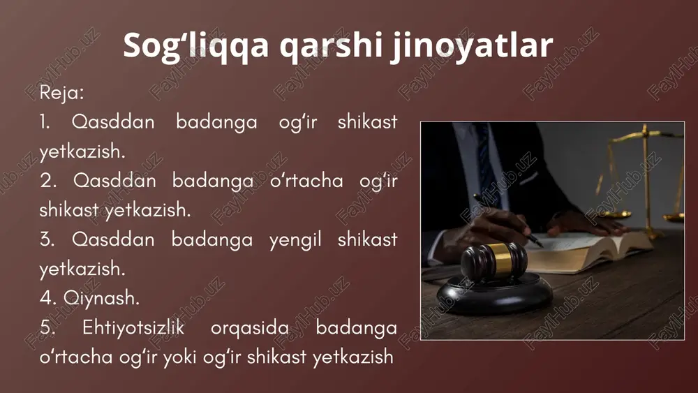 etsidivist tomonidan; g) uyushgan guruh aʼzosi tomonidan yoki shu guruh manfaatlarini koʻzlab sodir etilgan boʻlsa; d) jabrlanuvchining oʻlishiga sabab boʻlsa, — sakkiz yildan oʻn yilgacha ozodlikdan mahrum qilish bilan jazolanadi. qasddan badanga oʻrtacha ogʻir shikast yetkazish sodir etilayotgan paytda hayot uchun xavfli boʻlmagan va ushbu kodeksning 104-moddasida nazarda tutilgan oqibatlarga olib kelmagan, lekin sogʻliqning uzoq vaqt, yaʼni kamida yigirma bir kun, ammo toʻrt oydan koʻp boʻlmagan davrda yomonlashuviga yoki umumiy mehnat qobiliyatining oʻn foizidan oʻttiz uch foizigacha yoʻqolishiga sabab boʻlgan qasddan badanga oʻrtacha ogʻir shikast yetkazish ushbu kodeksning 1261-moddasida nazarda tutilgan jinoyat alomatlari mavjud boʻlmasa — uch yuz oltmish soatgacha majburiy jamoat ishlari yoki uch yilgacha axloq tuzatish ishlari yoxud bir yildan uch yilgacha ozodlikni cheklash yoki uch yilgacha ozodlikdan mahrum qilish bilan jazolanadi. qasddan badanga oʻrtacha ogʻir shikast yetkazish: a) ikki yoki undan ortiq shaxsga nisbatan; b) homiladorligi aybdorga ayon boʻlgan ayolga nisbatan; v) oʻz xizmat yoki fuqarolik burchini …