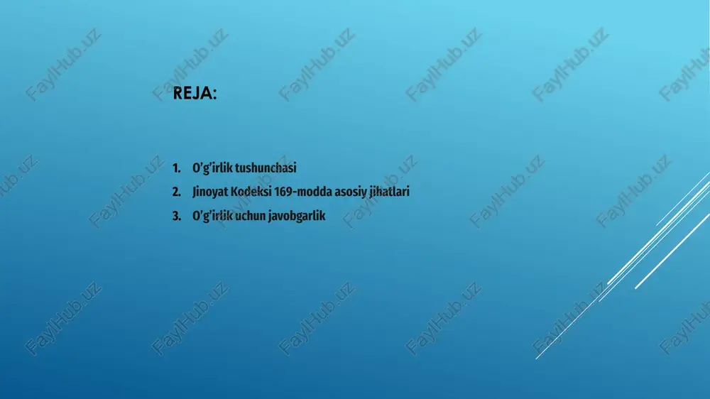 asddan shikast yetkazish yoxud hisobga olish asboblarining koʻrsatkichlarini oʻzgartirish maqsadida ularga tashqaridan aralashish yoʻli bilan sodir etilgan boʻlsa, — bazaviy hisoblash miqdorining uch yuz baravarigacha miqdorda jarima yoki ikki yildan uch yilgacha axloq tuzatish ishlari yoki uch yildan besh yilgacha ozodlikni cheklash yoxud uch yildan besh yilgacha ozodlikdan mahrum qilish bilan jazolanadi. oʻgʻrilik: a) takroran yoki xavfli retsidivist tomonidan; b) qonunga xilof ravishda (ruxsatsiz) axborot tizimiga kirib yoki undan foydalanib; v) koʻp miqdorda; g) neft quvurlarida, gaz quvurlarida, neft va gaz mahsulotlari quvurlarida sodir etilgan boʻlsa, — besh yildan sakkiz yilgacha ozodlikdan mahrum qilish bilan jazolanadi. oʻgʻrilik: a) juda koʻp miqdorda; b) oʻta xavfli retsidivist tomonidan; v) uyushgan guruh tomonidan yoki uning manfaatlarini koʻzlab sodir etilgan boʻlsa, — sakkiz yildan oʻn besh yilgacha ozodlikdan mahrum qilish bilan jazolanadi. obyekt — bu jinoyat bilan himoyalanadigan ijtimoiy munosabatdir. o‘g‘irlik jinoyatining bevosita obyeki — bu fuqarolarning yoki tashkilotlarning mulkiga oid mulkiy munosabatlar, ya’ni …