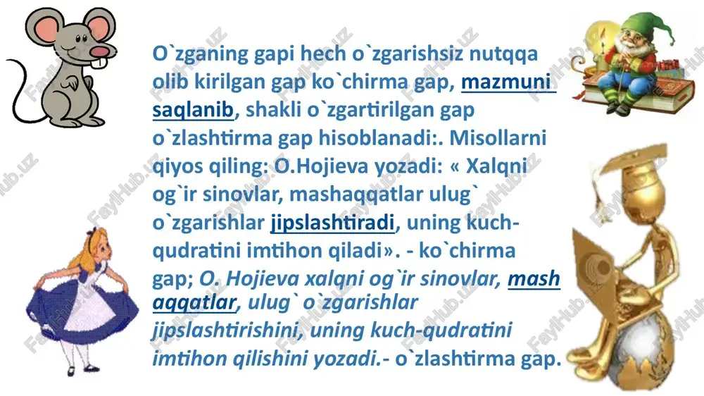 riladi: «nodira, bugun biznikiga kelmaysanmi?» - deb so`radi fotima. – fotima nodiradan bugun ularnikiga kelishini so`radi. ko`chirma gap tarkibidagi undov, kirish so`zlar tushirib qoldiriladi: «etib keldik, shekilli», - dedi ochil. – ochil yetib kelishganini aytdi. ko’chirma gap so’zlashuv, badiiy uslubda keng qo’llanadi. ko’chirma gap (ko’chirilgan gap) muallif gapidan avval, keyin, muallif gapining ichida kelishi mumkin. o’z navbatida muallif gapi ko’chirma gap orasida berilishi mumkin: nasiba dedi: “sovuqdan oyoqlarim zirqirab og’riyapti” ko’chirma gapda tinish belgilari quyidagicha ishlatiladi: ko’chirilgan (ko’chirma) gap qo’shtirnoq ichiga olinadi: badiiy asarlarda tire bilan ajratib beriladi. “darslarni yaxshi o’zlashtirishga harakat qil”, - dedilar dadam. - ko’p martalab mehmon bo’ldim, - dedi qutidor, -ul vaqtda bobongiz tirik edilar.(a.qodiriy) ko’chirilgan gap darak mazmunida bo’lib, muallif gapidan oldin kelsa, undan keyin vergul va tire qo’yiladi. ko’chirilgan gap so’roq mazmunidagi yoki his-hayajon gap bo’lsa, so’roq yoki undov belgisi qo’shtirnoqdan oldin qo’yiladi (keyin vergul qo’yilmaydi). “aytilganlarni nega olib kelmading ?”- dedilar jahl bilan …