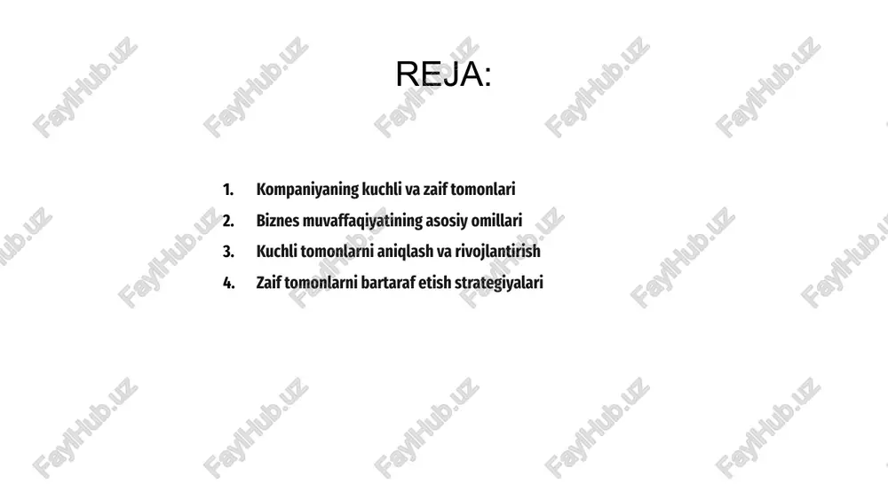 r va samarali boshqaruvdan iborat. kuchli tomonlardan foydalanib, kompaniya bozor talablariga moslashishi va o'sishi mumkin. zaif tomonlarni bartaraf etish strategiyalari kompaniyaning kuchli tomonlari uning bozorda mustahkam mavqega ega bo‘lishiga yordam beradi. raqobat afzalliklarini oshirish uchun innovatsion yondashuv va samarali boshqaruv muhim ahamiyat kasb etadi. zaif tomonlari esa kompaniyaning rivojlanishiga to‘sqinlik qilishi mumkin. moliyaviy barqarorlik, tajribali kadrlar yetishmovchiligi va marketing strategiyasining yetarlicha samarali emasligi muammolar tug‘diradi. zaif tomonlarni bartaraf etish uchun aniq strategiya ishlab chiqish lozim. samarali rejalashtirish va ilg‘or texnologiyalarni joriy etish biznesning yanada rivojlanishini ta’minlaydi. 3 1 2 tashkilotning ichki tahlili kompaniyaning kuchli tomonlari sifatli mahsulot, tajribali jamoa va innovatsion yondashuvdir. bular raqobatda ustunlikka erishishga yordam beradi va mijozlar ishonchini oshiradi. zaif tomonlar esa moliyaviy barqarorlikning yetishmasligi, yangi bozorlarga kirishdagi qiyinchiliklar va ichki boshqaruvdagi muammolar bo‘lishi mumkin. bular rivojlanishga to‘sqinlik qiladi. muvaffaqiyat omillari esa samarali strategiya, bozor talablari bilan moslashuvchanlik va kuchli moliyaviy boshqaruvdan iborat. bu omillar kompaniyaning o‘sishi …