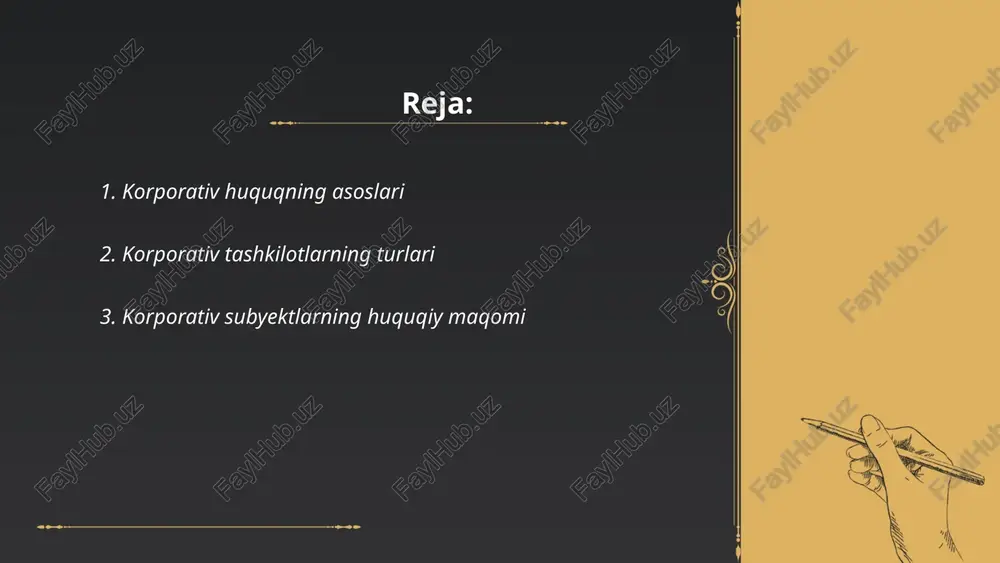 il etilgan tijorat tashkilotlarining huquqlari va majburiyatlarini belgilaydi. ushbu subyektlar aksiyadorlik jamiyatlari, mas'uliyati cheklangan jamiyatlar, qo‘shma korxonalar kabi shakllarda bo‘lishi mumkin. mas'uliyati cheklangan jamiyatlar (mchj) eng keng tarqalgan bo‘lib, ularning ishtirokchilari faqat o‘z ulushlari doirasida mas’uliyatga egadirlar. aksiyadorlik jamiyatlarida esa aksiyalar soni va turi ulchamaga ta'sir ko‘rsatadi. 2023-yil holatiga ko‘ra, o‘zbekistonda korporativ boshqaruvni yaxshilash bo‘yicha bir qator islohotlar amalga oshirilmoqda, jumladan, mustaqil direktorlar tayinlanishi ham yaqinda joriy etilgan. ... t.me/slaydai_bot 4. korporativ obyekti tushunchasi korporativ obyekti tushunchasi kompaniyaning resurslari va mulklari majmuini anglatadi. bu moliyaviy, moddiy va intellektual boyliklarni o'z ichiga olishi mumkin. korporativ obyekti tarkibida binolar, uskunalar, texnologiyalar, brendlar va boshqa aktivlar mavjud. ushbu resurslar kompaniya tomonidan qo'yilgan maqsadlarga erishishda ishlatiladi. korporativ obyekti samarali boshqarilishi kompaniyaning daromadi va bozor pozitsiyasini yaxshilaydi. ko'pincha aktivlar raqobatbardoshlikning kalitidir, chunki ular kompaniyaning operatsion samaradorligi va tadbirkorlik qobiliyatini oshiradi. shu sababli, mulk tegishli modellar va tamoyillar asosida uskunalarni yangilash yoki qo'shimcha investitsiya kiritish yo'li …