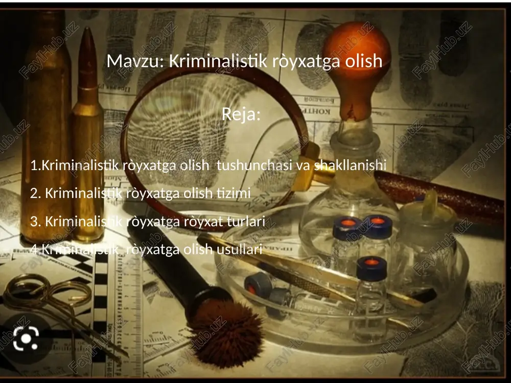 ublikasida, viloyatlarda va toshkent shahar iivb axborot tizimida qayd etib boriladi. kriminalistik hisobga olish tizimi asosan iiv axborot markazi va iiv axborot-kriminalistik markazi orqali amalga oshirilib boriladi. kriminalistik hisobga olishlar asosan turli kolleksiyalar tarzida amalga oshirib qayd etib boriladi bularga : alfavitli-doktiloskopik hisobga olish alfavitli kartotegrafikali hisobga olish daktiloskopik kartotekali hisobga olish kriminalistik ròxat turlarini shakllantirish hamda undagi ma'lumotlarni qayd etib borish jarayoni asosan ikki yirik avtomatlashtirilgan axborot qidiruv tizimlari (aaqt) va avtomatik ma'lumotlar banki (amb) orqali shakllantiriladi. bular quyidagi faolyat yònalishlari bòyicha qayd etib boriladi 1.tanib olish. 2. xabar qilish. 3. pasport 4. avtoqidiruv. 5. yuklar. kriminalistik ròxat turlarini shakllantirish hamda undagi ma'lumotlarni qayd etib borish jarayoni asosan ikki yirik avtomatlashtirilgan axborot qidiruv tizimlari (aaqt) va avtomatik ma'lumotlar banki (amb) orqali shakllantiriladi. bular quyidagi faolyat yònalishlari bòyicha qayd etib boriladi 1.tanib olish. 2. xabar qilish. 3. pasport 4. avtoqidiruv. 5. yuklar. tashqi a'lomatiga kòra kriminalistik ròyxatga olishning tartibga solish …