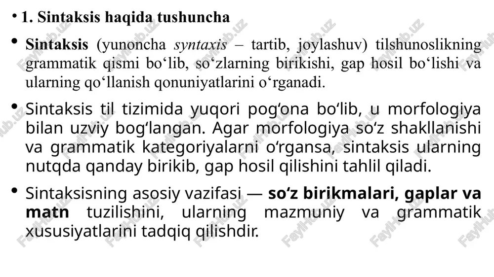 k shakl va mazmuniy butunlik bo‘ladi. gap boshqa sintaktik birliklardan farqli ravishda mustaqil fikrni bildiradi. gapning asosiy belgilariga quyidagilar kiradi: grammatik butunlik – gapning o‘z qolipi bo‘lishi. mazmuniy tugallik – gap mustaqil fikrni bildirishi. kommunikativlik – gap nutq jarayonida axborot uzatish vazifasini bajaradi. intonatsion tugallik – gap ohang orqali ajraladi. 5. gapning grammatik qurilishi gap ikki asosiy bo‘lakka tayanadi: ega – kim? nima? so‘roqlariga javob bo‘ladi. kesim – ega haqidagi fikrni bildiradi. gapning qolgan bo‘laklari – to‘ldiruvchi, aniqlovchi, hol yordamchi bo‘laklar sifatida qo‘shiladi. 6. gaplarning turlari a) tarkibiga ko‘ra: sodda gap – bitta predikativ birlik asosida tuziladi. masalan: talaba kitob o‘qiyapti. qo‘shma gap – ikki yoki undan ortiq predikativ birlikdan iborat. masalan: quyosh chiqdi va tabiat uyg‘ondi. b) maqsadiga ko‘ra: hikoya gap (bugun yomg‘ir yog‘di.) so‘roq gap (bugun yomg‘ir yog‘dimi?) buyruq gap (yomg‘irda chiqma!) undov gap (voy, yomg‘ir yog‘ayapti!) c) tarkibiy shakliga ko‘ra: to‘liq gap – barcha zarur bo‘laklari mavjud. …