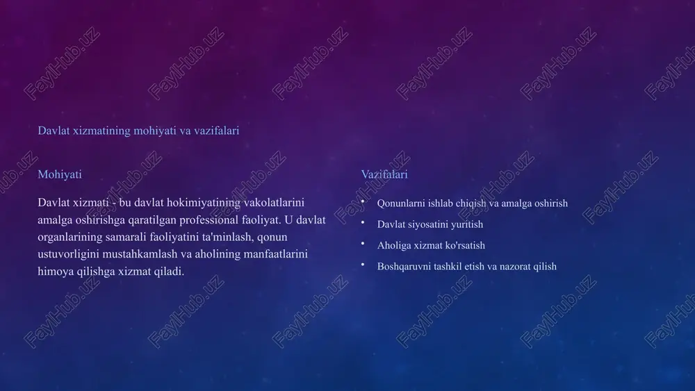 a'muriy ma'muriy davlat xizmatchilari - bu davlat organlarining kundalik faoliyatini ta'minlaydigan professional xodimlar. ular qonunlarni amalga oshirish, aholiga xizmat ko'rsatish va boshqaruvni tashkil etish bilan shug'ullanadilar. maxsus maxsus davlat xizmati - bu huquqni muhofaza qilish organlari, harbiy tuzilmalar va boshqa maxsus vazifalarni bajaradigan xodimlarning faoliyati. 4 davlat xizmatiga kirish tartibi talablar davlat xizmatiga kirish uchun nomzodlar muayyan talablarga javob berishlari kerak. bularga ma'lumot, malaka, tajriba va boshqalar kiradi. tanlov davlat xizmatiga tanlov asosida qabul qilinadi. tanlov turli bosqichlardan iborat bo'lishi mumkin: hujjatlarni topshirish, test sinovlari, suhbat va boshqalar. qabul tanlovdan muvaffaqiyatli o'tgan nomzodlar davlat xizmatiga qabul qilinadi va lavozimga tayinlanadi. 5 davlat xizmatini o'tash shartlari mehnat sharoitlari davlat xizmatchilariga munosib mehnat sharoitlari ta'minlanishi kerak. bularga xavfsizlik, gigiena, ergonomika va boshqalar kiradi. ish vaqti davlat xizmatchilarining ish vaqti qonun hujjatlarida belgilangan tartibda belgilanadi. dam olish davlat xizmatchilari dam olish huquqiga ega. bularga tanaffuslar, dam olish kunlari, ta'tillar va boshqalar kiradi. 6 …