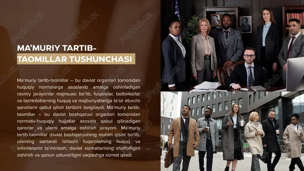 ijro etish qaror ustidan shikoyat qilish (agar zarur bo‘lsa) davlat organlarining rol va vakolatlari davlat organlari ma’muriy tartib-taomillarning muhim ishtirokchilari hisoblanadi. ular huquqiy tartibni saqlash, fuqarolarga davlat xizmatlarini ko‘rsatish, shuningdek, qonunchilikka rioya etilishini ta’minlash vazifalarini bajaradilar. davlat organlari jamiyat taraqqiyotini ta’minlashda muhim rol o‘ynaydi. ularning samarali ishlashi uchun qonuniylik, shaffoflik va fuqarolar bilan o‘zaro aloqani mustahkamlash zarur. fuqarolarning huquq va majburiyatlari fuqarolar davlat va jamiyat oldida muayyan huquqlarga ega bo‘lish bilan birga, o‘z majburiyatlarini ham bajarishlari lozim. ularning huquq va majburiyatlari o‘zbekiston respublikasi konstitutsiyasi hamda boshqa normativ-huquqiy hujjatlar bilan belgilangan. fuqarolarning asosiy huquqlari a. shaxsiy (fuqarolik) huquqlar b. siyosiy huquqlar c. ijtimoiy-iqtisodiy huquqlar d. madaniy huquqlar fuqarolarning asosiy majburiyatlari a. konstitutsiyaviy majburiyatlar b. ijtimoiy va axloqiy majburiyatlar c. harbiy xizmat majburiyati qaror qabul qilish jarayoni ma’muriy qaror qabul qilish davlat organlari, tashkilotlar va rahbarlar tomonidan muayyan vazifalarni bajarish, huquqiy tartiblarni belgilash va jamoatchilik manfaatlarini himoya qilish uchun amalga oshiriladigan muhim …