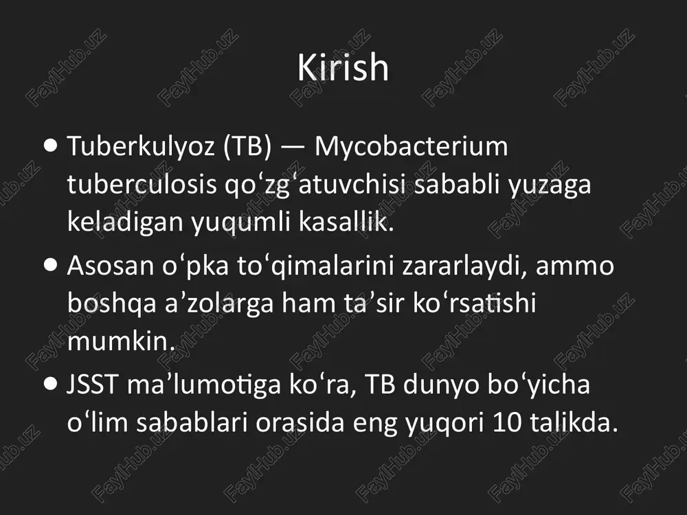 im. foydalanilgan adabiyotlar 1. jsst – global tuberculosis report (2024) 2. o‘zbekiston ssv ma’lumotlari 3. tbga qarshi kurashish dasturi 2021–2025 4. www.who.int/tb