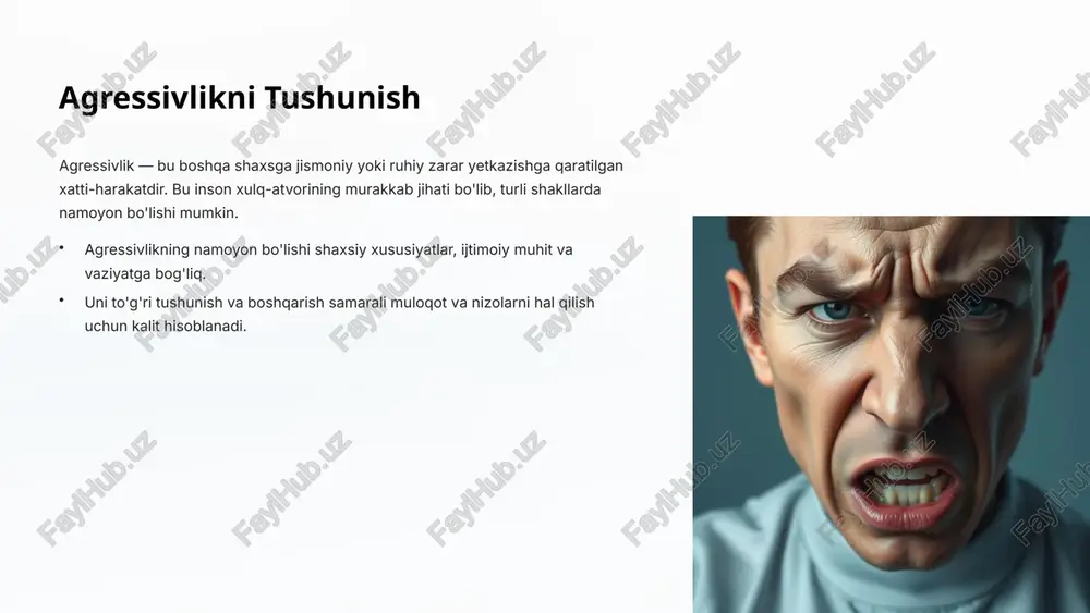 v buzilishlar ijtimoiy o'rganish frustratsiya frustratsiya-agressiya nazariyasi: maqsadga erishishdagi to'siqlar agressivlikka olib kelishi mumkin. ijtimoiy o'rganish: bolalar agressiv xatti-harakatlarni ota-onalar, tengdoshlar yoki ommaviy axborot vositalaridan o'rganishlari mumkin. kognitiv omillar: vaziyatlarni dushmanlik bilan talqin qilish yoki impulsiv qarorlar qabul qilish agressiv reaksiyalarni keltirib chiqaradi. 5 agressivlik darajasini baholash agressivlik darajasini aniqlash uchun turli xil psixologik vositalar va kuzatuv usullari qo'llaniladi. bu baholashlar terapiya va aralashuv strategiyalarini ishlab chiqish uchun muhimdir. o'z-o'zini baholash so'rovnomalari shaxslarning o'z agressiv tendensiyalarini baholashiga asoslangan, masalan, buss-perry agressiya so'rovnomasi. kuzatuv usullari agressiv xatti-harakatlarni real hayotda yoki laboratoriya sharoitida bevosita kuzatish va qayd etish. proyektiv testlar noaniq stimullarga javoblar orqali yashirin agressiv impulslarni aniqlashga yordam beradi. 6 agressivlikni boshqarish strategiyalari agressivlikni samarali boshqarish shaxsiy farovonlik va ijtimoiy munosabatlarni yaxshilash uchun zarurdir. bu jarayon bir nechta bosqichlarni o'z ichiga oladi. o'z-o'zini anglash agressivlikni keltirib chiqaradigan vaziyatlar va shaxsiy triggerlarni aniqlash. hissiyotlarni tartibga solish chuqur nafas olish, tinchlantiruvchi texnikalar va …