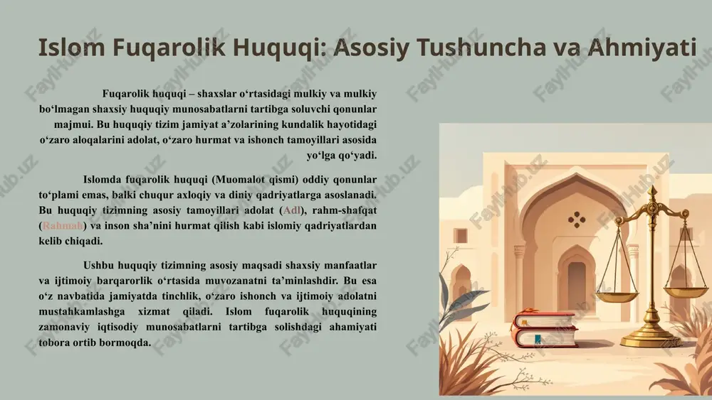 lari: qur’on, sunnat, iymon va qiyos islom fuqarolik huquqi to‘rtta asosiy manbaga tayanadi. bu manbalar huquqiy tizimning o‘zgarmasligi va ayni paytda zamonga moslashuvchanligini ta’minlaydi. qur’on asosiy manba. mulk, meros va shartnomalarga oid umumiy prinsiplar va aniq qoidalar mavjud. sunnat payg‘ambarimiz (s.a.v.)ning so‘zlari, amallari va tasdiqlari. qur’on qoidalarini amaliyotga tatbiq etadi. ijmo’ muayyan davrdagi islom ulamolarining huquqiy masala bo‘yicha yakdil fikri. huquqiy ahamiyati yuqori. qiyos analogiya usuli. qur’on va sunnatda to‘g‘ridan-to‘g‘ri hukmi bo‘lmagan yangi holatlarni yechishda qo‘llaniladi. bu to‘rtta manba o‘zaro chambarchas bog‘liq bo‘lib, birgalikda to‘liq va mustahkam huquqiy asosni shakllantiradi. ular huquqshunoslarga har qanday fuqarolik masalasiga ishonchli yechim topish imkonini beradi. 4 fuqarolik huquqining subyektlari: kimlar huquqiy munosabatlarda ishtirok etadi? fuqarolik huquqida subyektlar huquq va majburiyatlarning tashuvchisi bo‘lib, ular jismoniy yoki huquqiy shaxslardan iborat bo‘lishi mumkin. islom huquqida huquq layoqati inson tug‘ilishi bilan paydo bo‘ladi. jismoniy shaxslar barcha insonlar – fuqarolar, musulmonlar, g‘ayrimusulmonlar. huquq layoqati balog‘atga yetish va aqli rasolik …