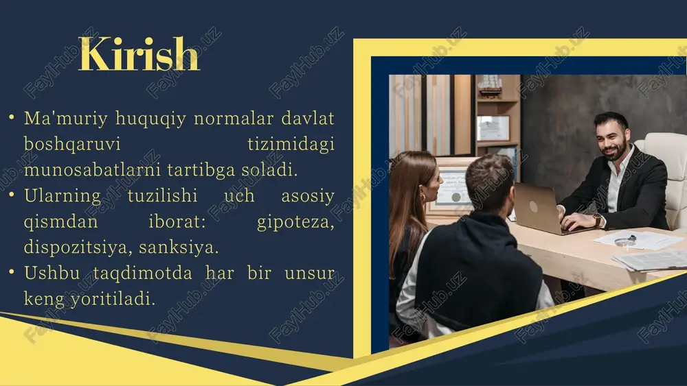n. dispozitsiyaning turlari sanksiya tushunchasi sanksiya – norma buzilganida qanday javobgarlik yoki jazolar qo‘llanilishini belgilaydi. u moliyaviy, ma'muriy, intizomiy, yoki boshqa jazolar bo‘lishi mumkin. masalan: "svetoforning qizil chirog‘ida o‘tgan haydovchiga jarima solinadi." oddiy sanksiya – aniq bir jazo turi belgilanadi. muqobil sanksiya – har xil jazo choralari qo‘llanishi mumkin. absolyut aniqlangan sanksiya – aniq miqdordagi jazo ko‘rsatiladi. nisbiy aniqlangan sanksiya – jazolash doirasi belgilangan. sanksiyaning turlari xulosa mamuriy huquq aaaaaaaaaaaaaa ma'muriy huquqiy normalar uch asosiy qismdan iborat: gipoteza, dispozitsiya, sanksiya. ular jamiyatda tartibni saqlash, huquqbuzarliklarning oldini olish va davlat boshqaruvini yaxshilashga xizmat qiladi. ma'muriy huquqni chuqur o‘rganish davlat boshqaruvi tizimining samaradorligini oshirishga yordam beradi. etiboringiz uchun tashakkur image1.png image2.svg image3.jpeg image4.png image5.svg image6.png image7.svg image8.jpeg image9.jpeg image10.png image11.svg image12.jpeg image13.jpeg image14.jpeg image15.png image16.svg image17.png image18.svg image19.jpeg image20.gif /docprops/thumbnail.jpeg