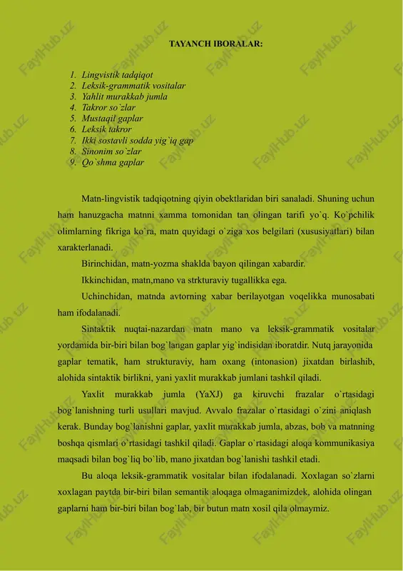 gaplar bilan ajratilgan gaplar bir-biri bilan semantik nuqtai-nazardan bog`liq bo`ladi. bunday bog`lanishning birinchisi -kontakt bog`lanish deb, ikkinchisi esa -distant bog`lanish deb ataladi. masalan: pattie had been born thirty years before in an attic room in a small house in an obscure industrial town in the center of england. she had not been a welcome visitor to her mother miss o'driscoll. miss o'driscoll, who had herself arrived in the world under similar auspices, knew at least that her own father had been a pleasant in county tyrone. bir birlari bilan kontakt (yaqin) aloqa bilan bog`langan. jumladan, birinchi gap ikkinchisi bilan kishilik olmoshi (she) bilan, ikkinchi va yuqorida keltirilgan matn uch gapdan iborat bo`lib, ular bir- uchinchi gaplar esa atoqli otlarni takrorlanishi bilan bog`langan. takror so`zlar bilan aloqa zanjirli aloqa deyiladi va bunday aloqa ega-ega yoki to`ldiruvchi-ega aloqasi deb ham aytiladi. distant yoki oraliq masofadagi aloqa esa gaplar tarkibidagi fe'llar bilan ham …