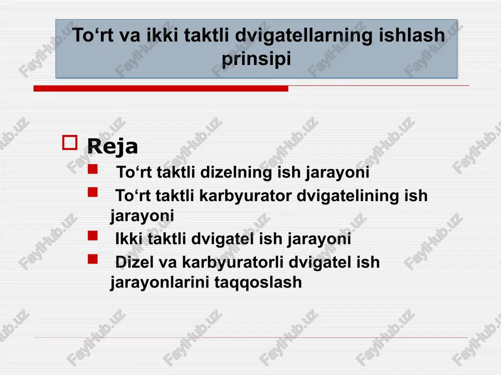 ichidagi bosim va temperatura katta bo‘lganligidan yonuvchi aralashma o‘z-o‘zidan alangalanadi, yonish jarayoni boshlanadi, bosim va temperatura yanada ko‘tariladi dvigatelda silindrga forsunka orqali yonilg‘i purkalishi boshlangan paytda tirsakli val krivoshipi va silindr markaziy o‘qi orasidagi burchak yonilg‘i purkalishini ilgarilatish burchagi deb ataladi to‘rt taktli dizel dvigatelning ish jarayoni kengayish (ish bajarish) takti yonilg‘ini yonishidan hosil bo‘lgan katta bosim kuchi porshenni pastga itaradi, ish bajariladi, porshen yuchndan pchnga tomon xarakatlanadi klapanlar yopiq xolda turadi takt boshlanishida silindr ichidagi bosim va temperatura maksimal qiymatlarga erishadi porshen pastga yurgan sari bosim va temperatura pasaya boradi to‘rt taktli dizel dvigatelning ish jarayoni kengayish (ish bajarish) takti yonilg‘ini yonishidan hosil bo‘lgan katta bosim kuchi porshenni pastga itaradi, ish bajariladi, porshen yuchndan pchnga tomon xarakatlanadi klapanlar yopiq xolda turadi takt boshlanishida silindr ichidagi bosim va temperatura maksimal qiymatlarga erishadi porshen pastga yurgan sari bosim va temperatura pasaya boradi to‘rt taktli karbyuratorli (injektorli) dvigatelning ish jarayoni kiritish takti …