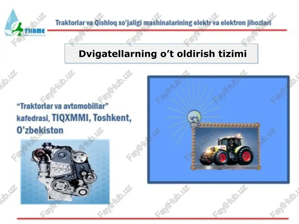 ldirish g‘altagi yuqori voltli diodlarni o‘z ichiga olgan to‘rt chiqarish kanali bo‘lgan o‘t oldirish g‘altagining elektr sxemasi individual o‘t oldirish g‘altagi uzgich-taqsimlagich konstruktiv jixatdan yagona korpusga joylashtirilgan ikkita alohida qurilmadir uzgich dvigatelning ishlash jarayonida past kuchlanishli tok zanjirini kerakli paytda uzib-ulab turish uchun xizmat qiladi taqsimlagich uzgich tok zanjirini uzishi bilan yondirish g‘altagida xosil bo‘ladigan yuqori kuchlanishli tokni dvigatel silindrlarining ishlash tartibiga qarab kerakli yondirish svechasiga o‘tkazadi dvigatellarning o’t oldirish tizimi 14 markazdan qochma uchqun berilish burchagini roslagich qurimasini ishlashi vakuumli uchqun berilish burchagini roslagich qurimasini ishlashi a) uchqun berilish burchagi - kichiklashdi b) uchqun berilish burchagi - kattalashadi yondirish svechasi xavo bilan ajratilgan ikki elektroddan iborat moslama elektrodlar orasida yukori kuchlanish natijasida elektr uchquni xosil bo‘ladi natijada yonish kamerasidagi ishchi aralashma yonadi ko‘p issiqlik qabul qiladigan svechalarga “sovuq” (kalil soni 280 … 500) va kam issiqlik qabul qiluvchi svechaga “issiq” (kalil soni 100 … 260) svecha deb aytiladi dvigatellarning …