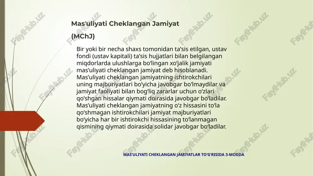 lar. jamiyat ustavini tasdiqlash toʻgʻrisidagi qaror, shuningdek jamiyat muassislari kiritadigan hissalarning pul bahosini tasdiqlash toʻgʻrisidagi qaror muassislar tomonidan bir ovozdan qabul qilinadi. boshqa qarorlar jamiyatning muassislari tomonidan ushbu qonunda va jamiyatning taʼsis hujjatlarida nazarda tutilgan tartibda qabul qilinadi. jamiyatning muassislari jamiyatni taʼsis etish bilan bogʻliq va uni davlat roʻyxatidan oʻtkazishga qadar yuzaga kelgan majburiyatlar yuzasidan solidar javobgar boʻladilar. jamiyat muassislarning uni taʼsis etish bilan bogʻliq majburiyatlari yuzasidan, ularning harakatlari keyinchalik jamiyat ishtirokchilarining umumiy yigʻilishi tomonidan maʼqullangan taqdirdagina javobgar boʻladi. taʼsis shartnomasida jamiyatning muassislari jamiyatni tuzish majburiyatini oladilar va uni tuzish yuzasidan birgalikdagi faoliyat tartibini belgilaydilar. taʼsis shartnomasida quyidagilar ham belgilanadi: -jamiyat muassislarining (ishtirokchilarining) tarkibi; -jamiyat ustav fondining (ustav kapitalining) miqdori va jamiyat har bir muassisi (ishtirokchisi) ulushining miqdori; -jamiyat taʼsis etilayotganda uning ustav fondiga (ustav kapitaliga) hissalarni qoʻshish tartibi, miqdori, usullari va muddatlari; -hissalarni qoʻshish boʻyicha majburiyatlarini buzganlik uchun jamiyat muassislarining (ishtirokchilarining) javobgarligi; -jamiyatning muassislari (ishtirokchilari) oʻrtasida foyda va zararlarni …