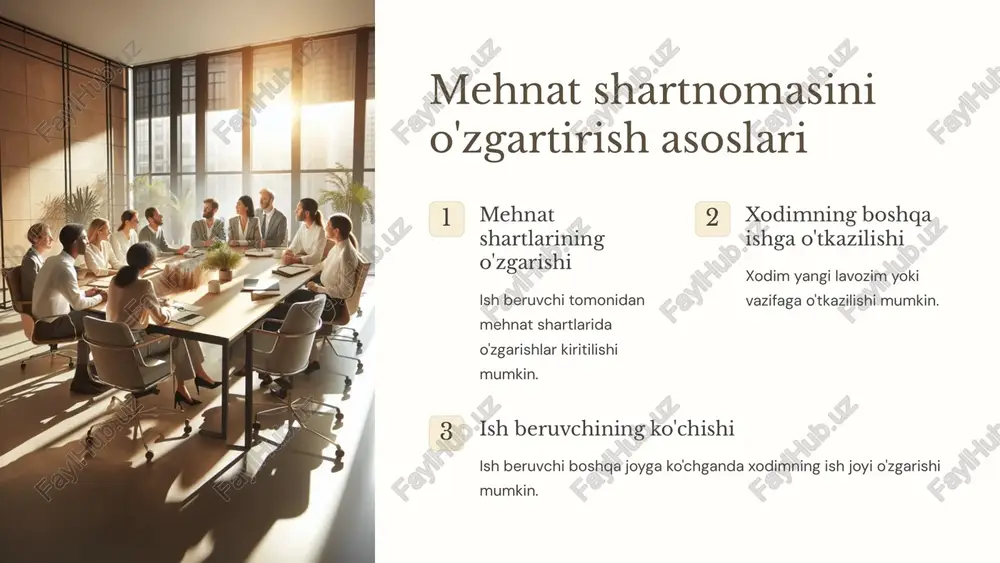 zish mumkin emas. 3 rozilik boshqa ishga o'tkazish xodimning roziligi bilan amalga oshiriladi. 7 xodimni boshqa ishga o'tkazish muddati doimiy o'tkazish muddati belgilanmagan holda amalga oshiriladi. vaqtincha o'tkazish aniq muddat belgilanadi. muddatni belgilash usullari umumiy davomiylik, kalendar sana yoki muayyan hodisa bilan belgilanishi mumkin. 8 xodimning boshqa ishga o'tkazish uchun roziligi 1 doimiy o'tkazish faqat xodimning roziligi bilan amalga oshiriladi. 2 vaqtincha o'tkazish asosan rozilik talab qilinadi, ba'zi hollar bundan mustasno. 3 tanishtiruv majburiyati ish beruvchi xodimni yangi ish sharoitlari bilan tanishtirishi shart. 9 mehnat shartnomasi taraflarining kelishuviga ko'ra o'tkazish muddati bir yilgacha bo'lgan muddatga kelishilishi mumkin. istisno holat vaqtincha yo'q xodim o'rniga o'tkazishda muddat cheklanmaydi. doimiyga o'tish muddat tugagach, xodim ishlashni davom ettirsa, o'tkazish doimiy hisoblanadi. 10 ish beruvchi uchun majburiy bo'lgan o'tkazishlar sog'liq holati tibbiy xulosaga ko'ra yengilroq ishga o'tkazish majburiy. homilador ayollar noqulay omillardan holi ishga o'tkazilishi shart. bola parvarishi ikki yoshgacha bola parvarishlovchi ota-onalar uchun majburiy. …