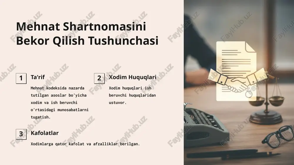 ashkilot tugatilishi, xodimlar soni qisqarishi, malaka yetishmasligi kabi sabablar bo'lishi mumkin. intizomiy jazo xodimning aybli harakatlari uchun intizomiy jazo sifatida bekor qilinishi mumkin. 7 taraflar ixtiyoriga bog'liq bo'lmagan holatlar harbiy xizmat xodimning harbiy xizmatga chaqirilishi shartnomani bekor qilish asosi bo'ladi. sud qarori sudning hukmiga ko'ra xodim avvalgi ishini davom ettira olmasligi. qoidabuzarlik ishga qabul qilish qoidalarining buzilganligi aniqlansa, shartnoma bekor qilinadi. 8 mehnat shartnomasini bekor qilishni rasmiylashtirish 1 buyruq chiqarish ish beruvchi buyruq bilan shartnoma bekor qilinishini rasmiylashtiradi. 2 oxirgi ish kuni shartnoma bekor qilingan kun oxirgi ish kuni hisoblanadi. 3 hujjatlar berish ish beruvchi xodimga mehnat daftarchasi va boshqa hujjatlarni berishi shart. 9 hisob-kitob qilish ish haqi oxirigacha olinmagan ish haqi to'lanadi. ta'til kompensatsiyasi foydalanilmagan ta'tillar uchun kompensatsiya to'lanadi. qo'shimcha to'lovlar qonun yoki shartnomada nazarda tutilgan boshqa to'lovlar amalga oshiriladi. muddatlar to'lovlar oxirgi ish kunida yoki 3 kun ichida amalga oshirilishi kerak. 10 ishdan bo'shatish nafaqasi 1 to'lash hollari …