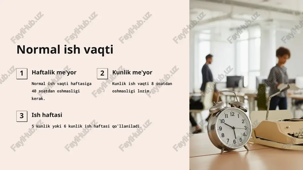 usiyatlari tufayli zarur bo'lganda qo'llaniladi. 3 tartibga solish jamoa shartnomasida yoki ichki hujjatlarda belgilanadi. 8 tungi vaqtdagi ish ta'rifi soat 22:00 dan 6:00 gacha bo'lgan vaqtdagi ish tungi ish hisoblanadi. cheklovlar ayrim toifadagi xodimlarni tungi ishlarga jalb etishga cheklovlar mavjud. haq to'lash tungi ish uchun oshirilgan miqdorda haq to'lanadi. 9 ish vaqtidan tashqari ish ta'rifi belgilangan ish vaqtidan tashqari bajarilgan ish. cheklovlar xodim uchun surunkasiga ikki kun davomida 4 soatdan oshmasligi kerak. yillik limit bir yilda 120 soatdan oshmasligi lozim. 10 ish vaqtini hisobga olish kunlik hisobga olish har kungi ish vaqti bir xil miqdorda bo'ladi. haftalik hisobga olish hafta davomida ish vaqti turlicha taqsimlanishi mumkin. jamlab hisobga olish hisobga olish davri bir haftadan ortiq bo'ladi. 11 ish vaqtini jamlab hisobga olish 1 qo'llanilishi ishlab chiqarish sharoitlari tufayli zarur bo'lganda qo'llaniladi. 2 hisobga olish davri bir oydan bir yilgacha bo'lishi mumkin. 3 tartibga solish jamoa shartnomasida yoki ichki hujjatlarda belgilanadi. …