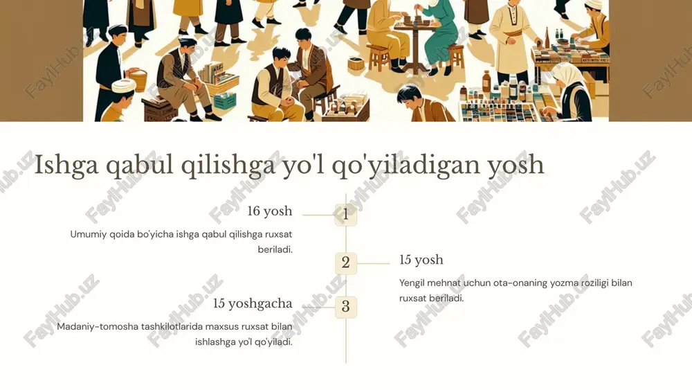 urlar uchun harbiy guvohnoma. 7 mehnat daftarchasi ahamiyati mehnat stajini tasdiqlovchi asosiy hujjat. shakli qog'oz yoki elektron shaklda bo'lishi mumkin. mazmuni ishga qabul qilish, boshqa ishga o'tkazish va bekor qilish ma'lumotlari. 8 mehnat shartnomasi shartlari bo'yicha kelishuv majburiy shartlar ish joyi, lavozim, ish haqi kabi asosiy shartlar kelishiladi. qo'shimcha shartlar taraflar o'zaro kelishuvga ko'ra qo'shimcha shartlarni kiritishi mumkin. imzolash kelishilgan shartlar asosida shartnoma imzolanadi. 9 ishga qabul qilish to'g'risida buyruq chiqarish 1 buyruq chiqarish ish beruvchi ishga qabul qilish to'g'risida buyruq chiqaradi. 2 buyruqni e'lon qilish buyruq xodimga uch kun ichida e'lon qilinadi. 3 ma'lumotlarni kiritish buyruq asosida mehnat daftarchasiga va tizimga ma'lumotlar kiritiladi. 10 xodimni haqiqatda ishga qo'yish ishga qo'yish mansabdor shaxs tomonidan xodim haqiqatda ishga qo'yiladi. huquqiy oqibat ishga qo'yish mehnat shartnomasini tuzish deb hisoblanadi. rasmiylashtirish ish beruvchi uch kun ichida shartnomani rasmiylashtirishi shart. 11 dastlabki sinov belgilash maqsad xodimning ishga muvofiqligini tekshirish. shartlashuv dastlabki sinov mehnat shartnomasida …