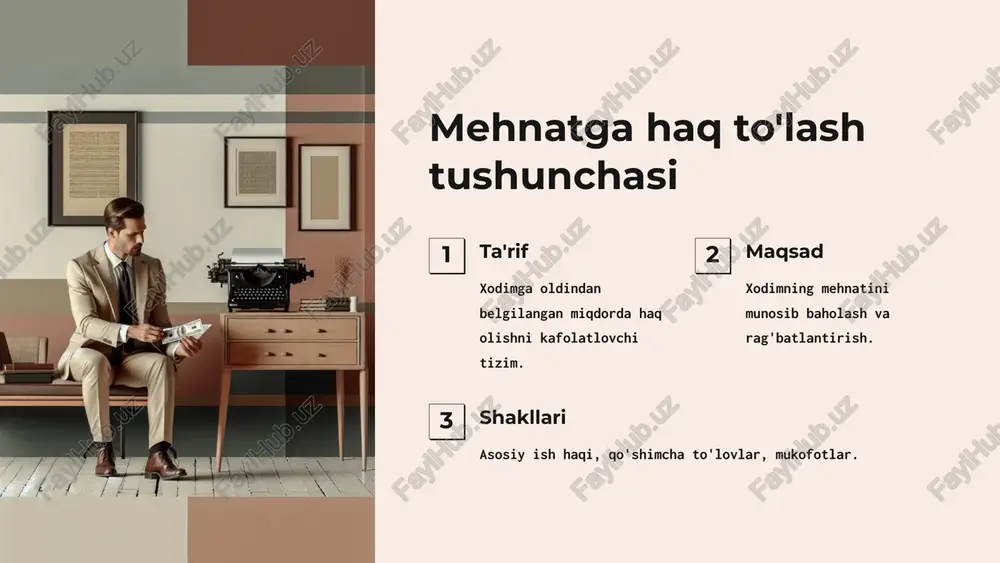 1 tungi vaqt soat 22:00 dan 6:00 gacha. 2 to'lov miqdori oshirilgan miqdorda, jamoa shartnomasida belgilanadi. 3 qo'shimcha to'lov tarif stavkasiga kiritilmaydi. 10 kafolatli to'lovlar tushunchasi ta'rif xodim mehnat majburiyatlarini bajarmagan davr uchun to'lovlar. maqsad xodim huquqlarini himoya qilish va daromadini saqlash. turlari davlat va jamoat vazifalari, tibbiy ko'rik, xizmat safari va boshqalar. 11 davlat va jamoat vazifalari uchun kafolatli to'lovlar 1 saylov huquqi saylovda ishtirok etish vaqtida. 2 deputatlik vazifalari deputatlik majburiyatlarini bajarish vaqtida. 3 harbiy majburiyatlar harbiy xizmatni o'tash vaqtida. 12 tibbiy ko'rik va donor bo'lish uchun kafolatli to'lovlar tibbiy ko'rik majburiy tibbiy ko'rik kunida o'rtacha ish haqi saqlanadi. donor bo'lish qon topshirish kunida o'rtacha ish haqi saqlanadi. qo'shimcha imtiyoz donor bo'lgan kundan keyin qo'shimcha dam olish kuni beriladi. 13 kompensatsiya to'lovlari tushunchasi ta'rif xodim xarajatlarini qoplash uchun beriladigan to'lovlar. maqsad xodimning shaxsiy mablag'lari sarflanishini oldini olish. turlari xizmat safari, ko'chib o'tish, shaxsiy mulkdan foydalanish va boshqalar. 14 …