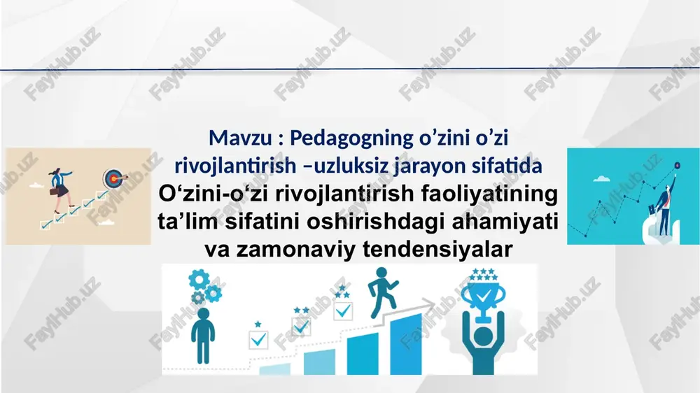 h metodikasi va didaktikasi, pedagogik muloqot ko‘nikma va malakasi, shuningdek o‘z-o‘zini rivojlantirish, o‘z-o‘zini takomillashtirish, o‘z-o‘zini amalga oshirish usullari va vositalarining uyg‘un birlashishidir.” l.m.mitina o‘qituvchining kasbiy kompetentlik sifatlari: o‘quvchilarda motivatsiyani shakllantirish 1 2 3 4 5 6 7 ta’lim jarayonini rejalashtirish, baholash, qayta aloqani o’rnata olish axborot kommunikatsiya texnologiyalarini bilish o‘z ustida ishlash pedagogika va psixologiyaga oid bilimlarga ega bo‘lish o‘z fanini mukammal bilish ta’lim muhitiga yangilik kiritishi 1 2 5 4 tanqidiy fikrlash qobiliyatlari tashkiliy qobiliyatlar yetakchilik qobiliyatlari mojarolarni hal qilish qobiliyatlari pedagog kasbiy mahoratning asosiy mezonlari sabr aloqa mahorati ijodiy fikrlash qobiliyatlari jamoada ishlash qobiliyati vaqtni boshqarish qobiliyatlari kompyuter ko'nikmalari 3 6 7 8 9 10 o'zini - o'zi rivojlantirishini rag'batlantirish ishga qiziqish ish natijalari uchun mas’uliyatni oshirish faoliyatning yangiligi kurslarda o‘qitish boshqaruvning namunasi va ta’siri jamoada tan olinish imkoniyati hamkasblar namunasi uslubiy ishlarni tashkil etish o‘qituvchining kasbiy mahoratini rivojlantirishning asosiy usullarini aniqlash mumkin: asosiy usullar uslubiy birlashmalarda ishlash …