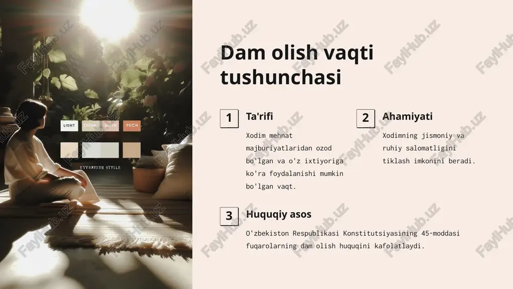 ish kuni beriladi. 3 umumiy dam olish kuni yakshanba kuni. 4 uzluksiz ishlaydigan korxonalar dam olish kunlari navbatma-navbat beriladi. 7 bayram kunlari 1 yanvar yangi yil 8 mart xalqaro xotin-qizlar kuni 21 mart navro'z bayrami 9 may xotira va qadrlash kuni 8 ta'tillar tushunchasi ta'rifi xodim mehnat majburiyatlaridan ozod etiladigan, ish o'rni saqlanadigan vaqt davri. maqsadi dam olish, sog'liqni tiklash, ijtimoiy ehtiyojlarni qondirish. huquqiy asos mehnat kodeksida belgilangan. ahamiyati xodimlarning mehnat unumdorligini oshirish va ijtimoiy himoyasini ta'minlash. 9 ta'tillarning turlari 1 har yilgi asosiy ta'til barcha xodimlarga beriladigan asosiy ta'til. 2 qo'shimcha ta'tillar mehnat sharoitlari va boshqa holatlarga ko'ra beriladigan qo'shimcha ta'tillar. 3 ijtimoiy ta'tillar onalik, bolalarni parvarishlash, o'qish uchun beriladigan ta'tillar. 4 ish haqi saqlanmaydigan ta'tillar xodimning iltimosiga ko'ra beriladigan haqsiz ta'tillar. 10 har yilgi asosiy mehnat ta'tili eng kam muddat 21 kalendar kun. uzaytirilgan ta'til 18 yoshgacha va i-ii guruh nogironligi bo'lgan shaxslarga 30 kalendar kun. davlat xodimlari …