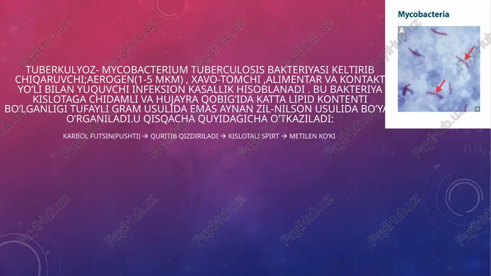intoksikatsiya) organism sistemalarini funksiyasi buzilishi bilan kechadi va bu sil infeksiyasi yuqqandan keyin viraj davrida yoki u aniqlanmasdan ro’y berishi mumkin.klinik kechishi bo’yicha 2 ko’rinishi bor: 1.sildan zaharlanish barvaqt kechishi 2.surunkali sildan zaharlanish davolash isoniazid va etambutoldan foydalanib, davolash 4–6 oy ichida desensibilizatsiyalovchi dorilar bilan davom ettiriladi. sildan zaharlanish barvaqt kechishi nerv sistemasining funksiyasi buziladi ,asabiylik, injiqlik, yig‘loqlik, uyquning buzilishi, bosh og‘rishi ,tez charchab qolish, tana haroratining ko‘tarilishi va ishtahaning kamayishi ,bo‘g‘imlarda, yurak atroflarida og‘riq ,yo‘talish, xirillashning paydo bo‘lishi ,ko‘z kon’yuktivasining yallig‘lanishi, oyoq va bo‘g‘imlar atroflarida tugunchali toshmalar toshishi, bo‘shliqlarga zardob yig‘ilishi bilan kechadi.taloq, jigar kattalashganini aniqlash mumkin. bunda jigar kattalashganiga qaramay yumshoq, og‘riqsiz, elastikligi saqlangan bo‘ladi. bo‘yin, engak osti, qo‘ltiq osti limfa tugunlarining kattalashishi sildan zaharlanishga xos bo‘lib, kattaligi 5–8 mm gacha, yumshoq, elastik holatda bo‘ladi.eozinofellar va leykotsitlar kop boladi,leykotsitar formula o’ngga siljiydi,limfotsitlar kamayadi,echt ortadi. surunkali sildan zaharlanish bemorning tashqi ko‘rinishi o‘zgarib, ko‘krak qafasi yassilashadi, jigar biroz kattalashadi, jigar …