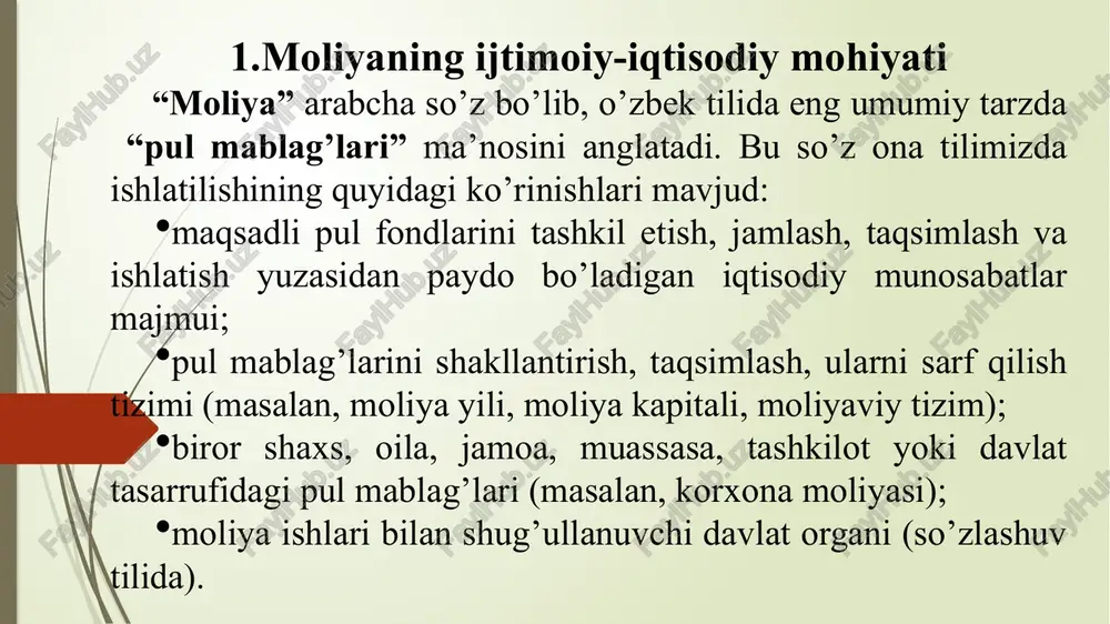 bo’lishi o’z-o’zidan darhol moliyaning ham vujudga kelganligini bildirmaydi. ular hammasi bir paytda, ya’ni birdaniga paydo bo’lgan emas. moliya shakllanib, bizning u haqidagi bugungi tasavvurimizdagi moliya ko’rinishiga kelishi uchun jamiyatda bir qator shart-sharoitlar pishib yetilgan bo’lishi kerak. ular quyidagilar: asrlar davomida davlat ixtiyoriga yig’iladigan barcha pul mablag’larining mutloq egasi qirol (sharqda podsho), deb hisoblanilgan. mablag’lar qirol xohish-ixtiyori bilan yig’ilgan va u xohlagan shaklda xarajat qilingan. o‘sha davrlarda odamlar tasavvurida daromadlarni ishlatish bundan boshqacha bo’lishi mumkin emasday tuyular edi; amaliyotga “xazina” o’rniga “davlat byudjeti” tushunchasi kirgandan keyin byudjetni tashkil etish va mablag’lardan foydalanish tartibi shakllana boshladi. “davlat daromadlari” va “davlat xarajatlari” iboralari paydo bo’ldi, ularning tarkibi aniqlandi, davlat byudjetini shakllantirish va mablag’larini sarflash uchun tegishli qonun hujjatlarining asoslari yaratila boshlandi; qirol xazinaning mutloq egasi bo’lgan davrda daromadlar natural soliqlar va aholining mehnat majburiyatlaridan iborat bo’lgan edi. endilikda pul ko’rinishidagi soliqlar davlat byudjeti daromadlarining asosiy qismini tashkil eta boshladi. natijada yaratilayotgan mahsulotni qiymat …