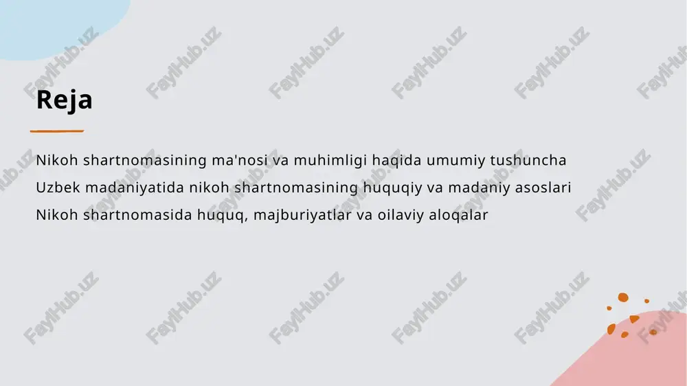uquqiy javobgarlik huquqlar va majburiyatlarning buzilishi yoki shartnomaga rioya qilinmasligi holatida, qonuniy javobgarlik choralarini ko‘rish imkoniyati mavjud bo‘lib, huquqiy barqarorlikni ta'minlaydi. nikoh shartnomasi orqali oilaviy aloqalar va ijtimoiy qadriyatlar qanday ifodalanadi. 1 an'anaviy qadriyatlar nikoh shartnomasi oilaviy qadriyatlarni huquqiy ravishda belgilaydi, masalan, an'anaviy ro'llar, majburiyatlar va ijtimoiy vazifalar, jamiyatdagi muhim rolini ta'minlaydi. 2 huquqiy mudofaa shartnoma orqali oilaviy aloqalar himoyalanadi, huquqlar va majburiyatlar aniq belgilangan bo‘lib, muqobil nizolarni hal qilishda asosiy huquqiy asos bo‘lib xizmat qiladi. 3 qadriyatlar va identitet nikoh shartnomasi jamiyatdagi qadriyatlarni, oilaviy identitetni va ijtimoiy muhitda oilaning o‘rnini mustahkamlashda muhim vositadir, avlodlar orasidagi bog‘liqlikni qo‘llab-quvvatlaydi. nikoh shartnomasining tarixi va zamonaviy rivojlanish tendensiyalari. 1 tarixi asoslar - nikoh shartnomasining tarixi qadim zamonlardan boshlab turli madaniyatlarda mavjud bo'lib, ularning rivojlanishi jamiyatning huquqiy va madaniy o'zgarishlariga moslashgan. 2 zamonaviy tendensiyalar - hozirgi vaqtda nikoh shartnomasi huquqiy va madaniy jihatdan yanada rivojlanib, oilaviy munosabatlarda shaffoflik va himoyani ta'minlashga intilmoqda. 3 ijtimoiy …
