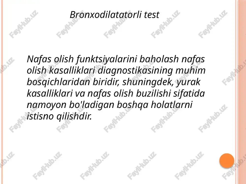 spirografiyadan so'ng, hech qanday dori-darmonlarni qo'llamasdan, bemorga bronxlarni kengaytiradigan va nafas olish funktsiyalarini yaxshilaydigan bronxodilatator dori bilan nebulayzer yoki aerozol beriladi va bu preparatni qo'llaganidan keyin o'pka funktsiyasi qayta baholanadi. agar spirografiya ko'rsatkichlari yaxshilansa, nafas olish disfunktsiyasi spazmlar tufayli yuzaga keladi degan xulosaga kelishimiz mumkin. eng aniq diagnostika natijalarini olish uchun bronxodilatatorlarga sezuvchanlik testi oldindan o'tkaziladi. pikfluometriya nafas chiqarish faoliyatini maxsus moslama-pikfluometr yordamida o’lchash usuli bo’lib, u nafas o’tkazish yo’llarini torayish darajasini aniqlash imkonini beradi ko’rsatmalar jins, yosh va bo’yga qarab yevropa shkalasi bo’yicha eng yuqori oqim ko’rsatkichlari natijani baholash 90%-me’yorida 80-90%-shartli me’yorida 50-79%-o’rtacha pasaygan 50%dan kam-keskin pasaygan ko’rsatkich 80%dan past bo’lsa bu bronxlarda obstruksiya borligini bildiradi provokatsion sinamalar bunda allergen “shokli” azoga-burun,bronxlar,teri xamda ichakka kiritiladi. provokatsion sinamalar turlari: ---konyuktivaga ---nazal ---ingalyatsion ---leykotsitlar kamayishi va trombotsitlar kamayishi testlari konyuktival provokatsion sinamalar– allergic konyuktivit bilan kasallangan bemorlarda o’tkaziladi.eritilgan allergen (10-1) pastki konyuktiva xaltachasiga 1 tomchi tomiziladi.agar sinama musbat bo’lsa,ko’zda qizarish va …