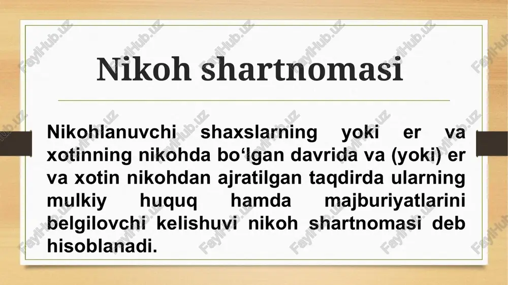 aviy munosabatlar er-xotin qonunda yoʻl qoʻyiladigan barcha mulkiy-shartnomaviy munosabatlarga oʻzaro kirishishga haqlidir. er-xotin oʻrtasida tuzilgan, ulardan birining huquqlarini cheklashga qaratilgan kelishuvlar haqiqiy hisoblanmaydi. eʼtiboringiz uchun rahmat by: kenjayeva nozima hq 10_23 image5.png image6.png image7.jpeg image8.jpeg image9.jpeg image3.png image4.png business man hand signing on document at desk /docprops/thumbnail.jpeg