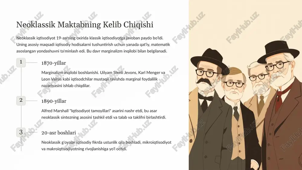 foydalanish iqtisodiy tahlilni yanada aniq va tekshiriladigan qildi. samaradorlikka e'tibor resurslarni samarali taqsimlash va bozor muvaffaqiyatsizliklarini tushunishga yordam beradi. keng qo'llanilishi mikroiqtisodiyotdan tortib makroiqtisodiyotgacha bo'lgan ko'plab iqtisodiy muammolarni tahlil qilish uchun asos yaratadi. tanqidlar ratsional tanlovning cheklovlari xulq-atvor iqtisodiyoti inson xatti-harakatlari har doim ham ratsional emasligini ko'rsatadi. realistik bo'lmagan farazlar mukammal raqobat va to'liq ma'lumot kabi farazlar ko'pincha haqiqatga to'g'ri kelmaydi. taqsimot muammolari daromadlar tengsizligi va ijtimoiy adolat masalalariga yetarlicha e'tibor bermaslikda ayblanadi. 4 zamonaviy iqtisodiyotga ta'siri neoklassik maktab zamonaviy iqtisodiy fikrga chuqur ta'sir ko'rsatdi va bugungi kunda ham ko'plab iqtisodiy modellarning asosini tashkil etadi. mikroiqtisodiyot iste'molchi xulq-atvori, firma nazariyasi va bozor tuzilmalarini tahlil qilishda asos bo'lib xizmat qiladi. makroiqtisodiyot monetarizm va yangi klassik maktab kabi yo'nalishlarga ta'sir ko'rsatgan, ammo keynschilik bilan raqobatlashgan. moliya kapital bozorlari samaradorligi va aktivlarni narxlash modellarini tushunishda muhim rol o'ynaydi. siyosat tavsiyalari bozorga asoslangan siyosatlarni, masalan, erkin savdo va tartibga solishni kamaytirishni qo'llab-quvvatlaydi. 5 xulosa: …
