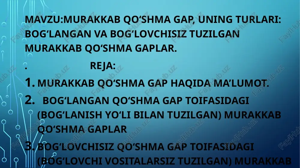 ilgan) murakkab qo‘shma gaplarmurakkab qo‘shma gapning bu turida uch va undan ortiq gaplar bog‘lovchi vositalarsiz, ohang (intonatsiya) orqali bog‘lanadi, bu jihatdan u oddiy bog‘lovchisiz qo‘shma gapdan farqlanmaydi, lekin bunda gaplar orasidagi semantik munosabatlar murakkabroq bo‘ladi:1) gaplar o‘zaro teng munosabatda bo‘ladi: 2) teng munosabatdagi ikki va undan ortiq gaplar ular uchun umumiy gapdan anglashilgan fikrni izohlab keladi: tushdan keyin hamma jonlanib qoldi: birov hazil qilgan, birov shang‘illab qandaydir voqeani so‘zlagan, eng dangasa ishyoqmaslar ham allanechuk serg‘ayrat, chaqqon bo‘lib qolgan. (f.musajonov). mavzu:murakkab qoʻshma gap uch va undan ortiq komponentlarning mazmun va ohang jihatidan bogʻlanishidan tuzilgan sintaktik birlik sifatida. teng bogʻlanish yordamida tuzilgan murakkab qoʻshma gaplar qo`shma gaplar komponentlarning soniga ko`ra, ikki xil bo`ladi: 1) ikki komponentli qo`shma gaplar (bog`langan, ergashgan, bog`lovchisiz qo`shma gaplar bahsiga qarang), 2) ko`p komponentli (murakkab) qo`shma gaplar. ko`p komponentli (murakkab) qo`shma gaplar uch va undan ortiq komponentlarning mazmun ko`p komponentli (murakkab) qo`shma gaplar uch va undan ortiq komponentlarning …