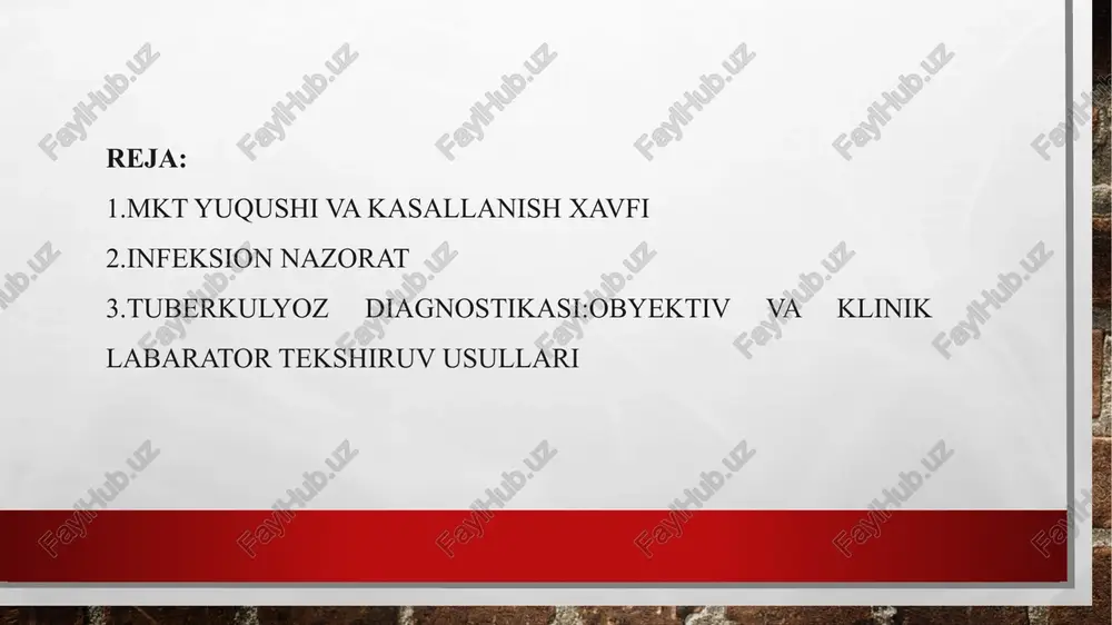 bilan bog‘liq: ventilyatsiya (mexanik va tabiiy) ultrabinafsha bakteritsid lampalar yuqori effektli havo filtrlari ftiziatriyada infeksion nazorat nafas a’zolarini individual himoya choralari personal respiratorlar tuberkulyozli infeksiyalarning nozokomial transmissiyasiga qarshi uchinchi chegaraviy himoya vositasi hisoblanadi. personal respiratorlar keng tarqalgan jarrohlik niqoblaridan tubdan farq qiladi. respiratorlar mayda (1 dan 5 nm gacha) havo-tomchi infeksiyalari o‘tishidan himoya qilish uchun mo‘ljallangan. jarrohlik niqoblari operatsiya maydonini jarrohlar va jarrohlik hamshiralari nafas chiqarishidan hosil bo‘luvchi nisbatan katta havo tomchilaridan himoya qilishga mo‘ljallangan. ular tuberkulyozli infeksiyadan himoya qila olmaydi yo‘talganda va aksirganda gigiena qoidalari. anamnezidan kasallik qachon, qanday qilib boshlanganligini aniqlash zarur. bemordan shikoyatlari qanday paydo bo‘lganligi va ilgari o‘tkazgan kasalliklari, travmalar, operatsiyalar. tuberkulyoz xavfiga olib keluvchi yondosh kasalliklarni aniqlash: qandli diabet, silikoz, oshqozon va o‘n ikki barmoqli ichak yara kasalligi, alkogolizm, narkomaniya, oits. bemorlarining tashqi ko‘rinishi (habitus phthisicus) tana vaznining defitsiti oqqargan yuzda yuzning qizili ko‘zning yaltirosi va keng qorachiq terining distrofik o‘zgarishi uzun va toraygan ko‘krak …
