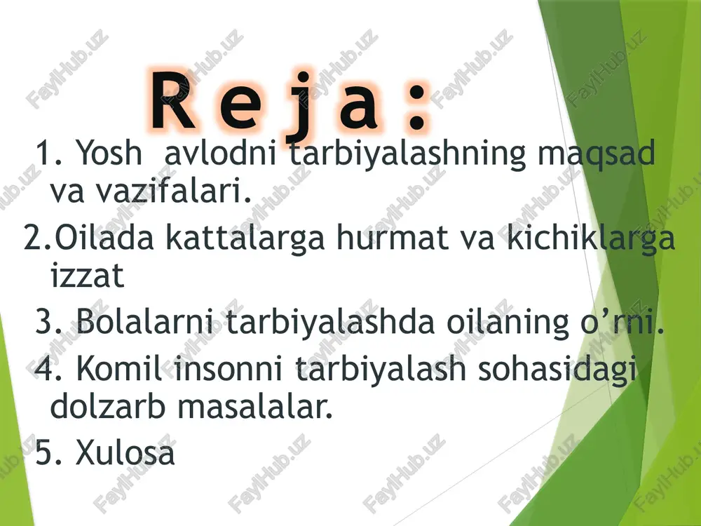 vlod ta’lim-tarbiyasini, ularning zamonaviy ilg’or bilimlarga ega bo’lgan xolda ulug’ bobokalonlarimiz merosiga munosib bo’lishlarini davlatimiz siyosatining ustuvor yo’nalishi, deb bilamiz". aynan shu maskanda o’zaro hurmat, mehr-oqibat, halollik, poklik, mehnatsevarlik, vatanparvarlik, insonparvarlik kabi oliy darajadagi kadriyatlar shakllanadi, avloddan-avlodga etkziladi. shu sifatlar ona suti, oila a’zolari mehri va namunasi bilan bola xulqi, hatti-harakati mazmuniga singib boradi. bunda esa inson ulg’ayishida asosiy davr bo’lgan o’smirlikdagi tarbiya xal qiluvchi ahamiyat kasb etadi. bu pallada uning ichki dunyosi, o’ziga xos hislatlari shakllanadi. bu davrda ota-ona, ustozlar ular tarbiyasi bilan uzviy ravishda shug’ullanishlari lozim. ularning salomatligiga ham alohida diqqat-e’tibor zarur. shuni ham unutmaslik kerakki, kamolotga eltuvchi yo’l ma’rifat, shunga yarasha g’ayrat-shijoatdir. har bir xalq har bir avlodning barkamollik darajasi pirovard natijada shu xalq istiqbolini, taraqqiyoti va taqdirini xal etadi. balog’atga yetayotgan yigit-qizlarimiz o’tkazilayotgan ta’lim, islohotlaridan mamnun bo’lishi tabiiydir. shuning uchun, respublikamizning barcha viloyatlari, tumanlari va qishloqlaridagi o’quv dargohlari zamonaviy uslubda jixozlanishi, ta’lim tizimiga esa yangicha rux …