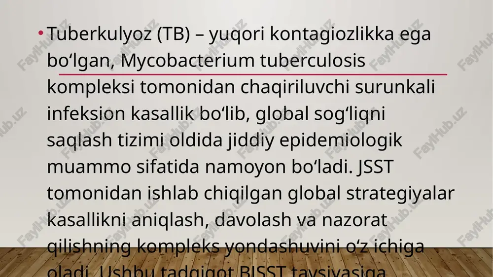 ash rejimlari dori sezgir tuberkulyoz (ds-tb) – isoniazid va rifampisin asosiy preparatlar sifatida ishlatiladi. ko‘p dori vositalariga chidamli tb (mdr-tb) – ikkinchi qator antibiotiklar (bedaquiline, linezolid, levofloxacin) kombinatsiyasi qo‘llaniladi. extremal dori vositalariga chidamli tb (xdr-tb) – ikki yoki undan ortiq ftorxinolon va inyektsion preparatlarga chidamlilik mavjud bo‘lib, yangi sinf dorilari bilan murakkab kombinatsiyalar talab etiladi. tuberkulyoz monitoringi va epidemiologik kuzatuv tizimlari epidemiologik nazoratning asosiy maqsadi bemorlarning davolanish jarayonini tizimli ravishda kuzatish va kasallik tarqalishini minimallashtirishdan iborat. monitoring tizimining asosiy komponentlari: bemorlarni ro‘yxatga olish va axborot tizimlari orqali nazorat qilish – tb-mis, dhis2 kabi elektron tizimlardan foydalanish natijalarning monitoringini yaxshilaydi. kontakt tracing va skrining dasturlari – yuqori xavf guruhlaridagi shaxslarni erta aniqlash va profilaktik muolajalar bilan qamrab olish. farmakologik nazorat – bemorlarning dori vositalarini qabul qilish intizomini ta’minlash va nojo‘ya ta’sirlarni aniqlash. profilaktik strategiyalar: bcg emlash dasturi – tug‘ilganidan boshlab bolalarni tuberkulyoz meningiti va dissiminirlangan tbdan himoyalash. isoniazid profilaktik terapiyasi (ipt) …