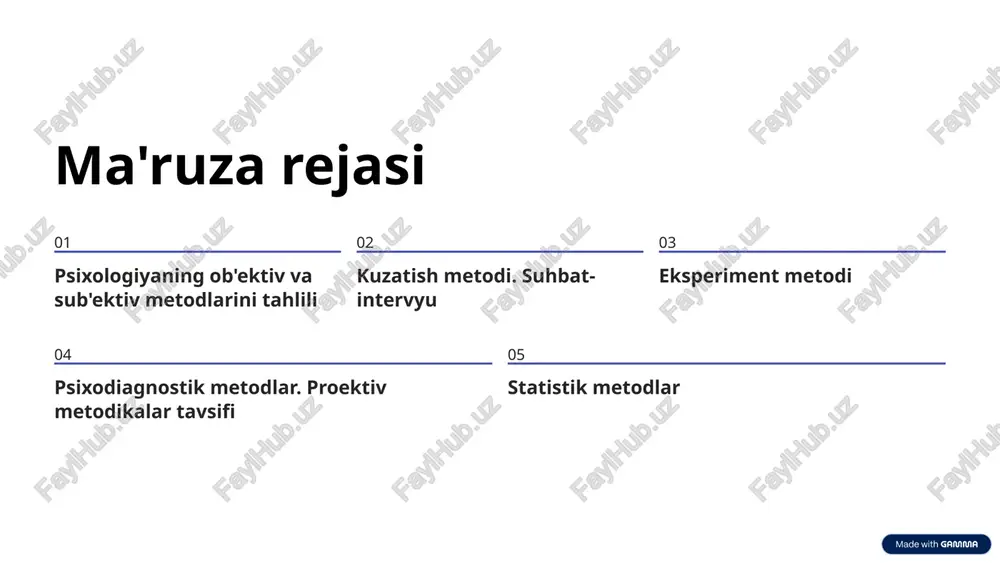 n, individual tadqiqot ishlarida, jumladan, shifoxona amaliyotida, maslahat berishda va shaxsiy psixologik korrektsiya jarayonlarida qo'llaniladi. intervyu orqali psixolog shaxsning ichki dunyosiga chuqur kirib boradi, uning o'zini tushunishi va muammolarini hal qilishiga yordam beradi. suhbat davomida nafaqat so'zlar, balki mimika, imo-ishoralar va emotsional reaksiyalar ham tahlil qilinadi. 5 eksperiment metodi psixologiyaning asosiy metodlaridan biri bo'lgan eksperiment metodi, tadqiq etilayotgan hodisalar, ijtimoiy yoki psixologik jarayonlar, qarashlar va qonuniyatlar o'rtasida mavjud bo'lgan sababiy-oqibat aloqalari haqida aniqroq ma'lumotga ega bo'lish maqsadida qo'llaniladi. eksperimentda tadqiqotchi sharoitlarni qat'iy nazorat qilib, bir yoki bir nechta o'zgaruvchilarni manipulyatsiya qiladi va ularning boshqa o'zgaruvchilarga ta'sirini o'lchaydi. bu orqali hodisalar orasidagi bevosita bog'liqlikni aniqlash mumkin. "eksperiment - bu nazariyani sinash va sababiy aloqalarni aniqlashning eng ishonchli yo'li." 6 psixodiagnostik metodlar. proektiv metodikalar tavsifi 1 psixologik tashhislash oxirgi yillarda psixologik tashhislash metodlari va test sinovlari keng ko'lamda olib borilmoqda. bular shaxs, guruhlar yoki psixik vazifalarning holatlarini baholashga qaratilgan. 2 test sinovlari …