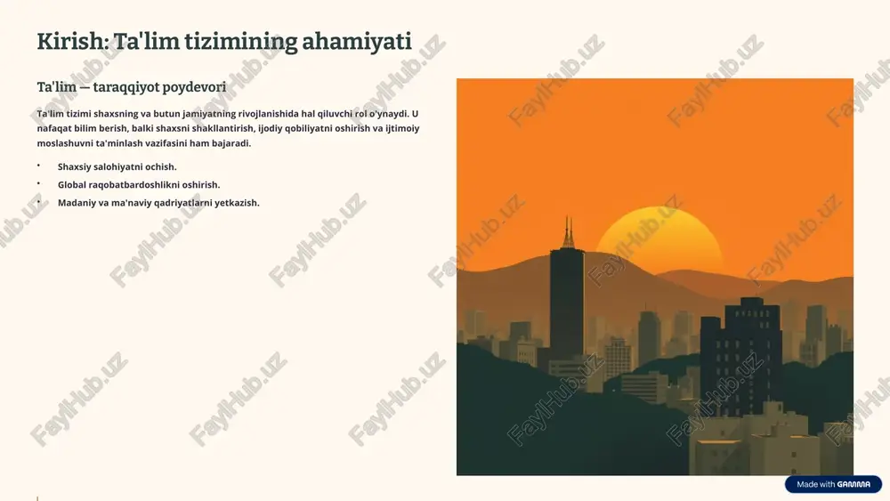 y metodlar: loyihaviy o'qitish, muammoli ta'lim, muloqotli darslar. 4 o'quvchining shaxsiyati va uning rivojlanishi yaxlit ta'lim tizimi o'quvchini bilimlarni passiv qabul qiluvchi emas, balki o'z rivojlanishi uchun mas'ul sub'ekt sifatida ko'radi. ularning intellektual, hissiy va ijtimoiy rivojlanishi muhim. intellektual rivojlanish tanqidiy fikrlash, muammolarni yechish va mantiqiy xulosalar chiqarish qobiliyatini oshirish. hissiy intellekt (eq) o'z his-tuyg'ularini boshqarish, boshqalarning hislarini tushunish va empatik munosabatda bo'lishni o'rgatish. ijtimoiy kompetensiyalar guruhda ishlash, samarali muloqot qilish va nizolarni hal qilish ko'nikmalarini shakllantirish. ta'limning asosiy maqsadi – nafaqat bilimli, balki har tomonlama rivojlangan, ijtimoiy mas'uliyatni his qiladigan shaxsni tarbiyalashdir. 5 pedagogik texnologiyalar va innovatsiyalar texnologiyalar ta'lim jarayonining samaradorligini keskin oshirishga xizmat qiladi. ular o'quv tajribasini boyitadi, o'qitishni yanada shaxsiylashtiradi va chegaralarni kengaytiradi. virtual reallik (vr) va ar abstrakt tushunchalarni vizualizatsiya qilish, murakkab jarayonlarni xavfsiz muhitda o'rganish. sun'iy intellekt (ai) o'quvchilar uchun shaxsiylashtirilgan o'quv yo'llarini yaratish va baholashni avtomatlashtirish. masofaviy ta'lim geografik masofadan qat'i nazar, barcha uchun …