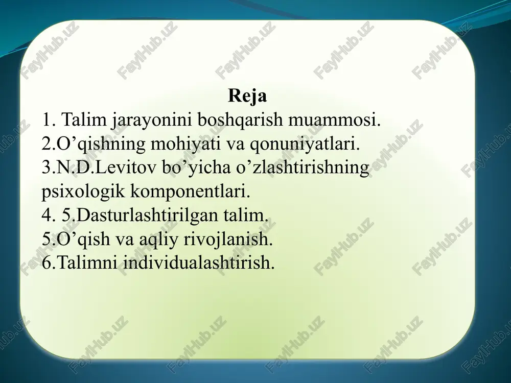 sistemalashtirish. 4.o’z faoliyatini o’zi boshqarish usullarini egallash va yangisini topish. 5.shaxsiy qiziqishni idora qiluvchi usullarni egallash. 6.o’z dikkatini o’zi boshqarish usullarini egallash. maktabning ta’lim berishdan iborat asosiy vazifasi-o’quvchilarning fan asoslarini aktiv ,ongli mustaxkam va sistemali ravishda egallashini ta’minlashdir. o’zlashtirish natijasida bilimlar ma’lum bir sistemani xosil qilishi amalda tatbik etilishi mumkin. haqiqiy o’zlashtirish – hamisha aktiv jarayon bo’lib bilishga oid xilma-xil vazifalarni xal qilish bilan bog’langandir. o’zlashtirish, keng manoda olganda, o’quvchining uyushgan bilish faoliyatidir, bu faoliyat idrok, xotira, tafakkur, xayol kabi qator bilish prosesslarini o’z ichiga oladi. ijodiy o’zlashtirish sifatida o’qish, bilim egallash uch faktorga nimani o’qitishga, kim va qanday o’qitishga, kimni o’qitishga boglikdir. birinchidan, o’qishning xarakteri o’zlashtirilayotgan materialga, uning mazmuniga va qanday sistemada yetkazib berilayotganligiga boglikdir ikkinchidan, u o’qituvchining metodik maxoratiga va tajribasiga, uning shaxsiy xususiyatlariga, xar bir ayrim xolda qo’llaniladigan konknret o’qitish metodikasiga boglikdir. nixoyat, o’qish jarayoni o’quvchining o’zga xos xususiyatlariga xam – uning psixik rivojlanishining ( aqliy, emosional, …