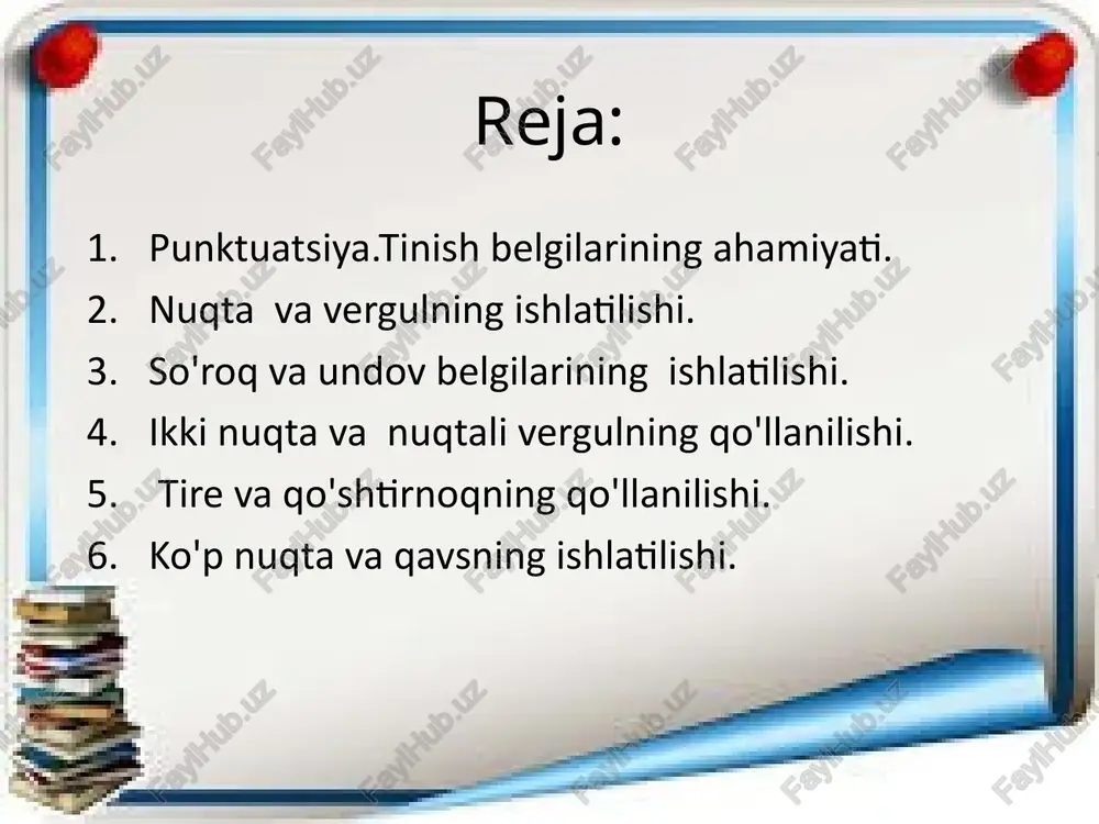 a nuqtali vergulning qo'llanilishi bog'lovchisiz qo'shma gaplar tarkibidagi sodda gaplar mazmunan tugal fikrni anglatib , bir biriga yaqin bo'lmagan hollarda bog'lovchisiz qo'shma gap tarkibiga kirgan sodda gaplardagi voqealar bir biriga qiyoslanganda ,uyushiq bo'laklar guruhlanib , o'zaro vergullar yordamida bir biridan ajratilganda , nuqtali vergul qo'llanadi. misol foydali so'z go'dakdan chiqsa ham quloq sol; yomon so'z mo'ysafiddan chiqsa ham quloq solma. ikki nuqta shaklan tugallangan ,lekin mazmunan keyingisi birinchisining uzviy davomi sanalgan bog'lovchisiz qo'shma gaplarda , shuningdek, ko'chirma gapdan oldin kelgan muallif gapi , uyushiq bo'laklardan oldin kelgan umumlashtiruvchi so'zdan keyin ishlatiladi. misol senga eng yaxshi maslahat:mutakabbirlik bilan yuzingni teskari burma va shon -shuhrating bilan faxrlanma. tire va qo'shtirnoqning qo'llanilishi. tire dialoglardagi har bir gapning boshida ,bog'lamasiz qo'lllangan ot kesim bilan ega orasida, uyushiq bo'laklardan keyin kelgan umumlashtiruvchi so'zdan oldin , muallif gapi bilan ko'chirma gap orasida , ayrim so'z yoki gaplar izohlansa , ularning o'rtasida ,zid ma'noli bog'lovchisiz qo'shma gaplar …