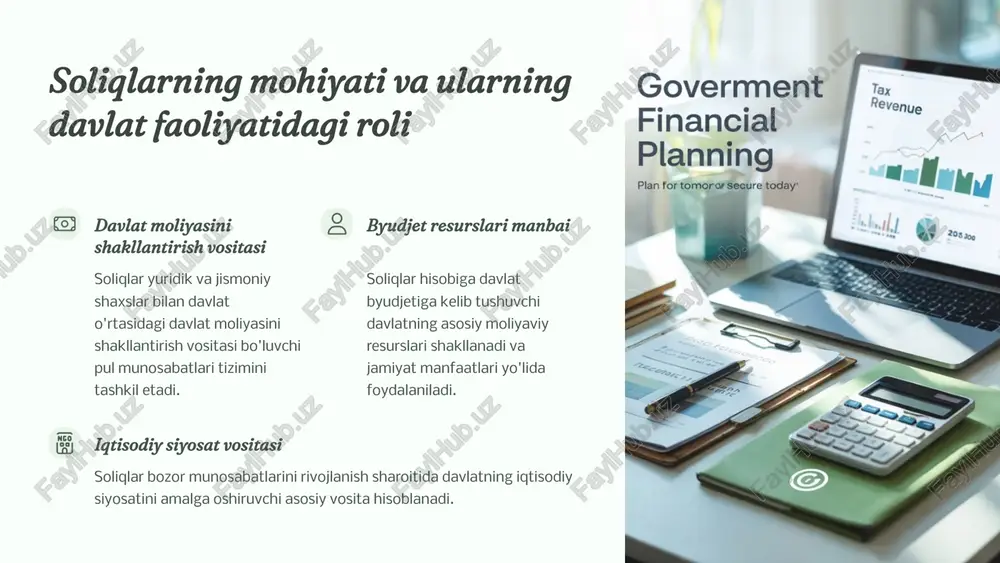 iy majburiyat o'zbekiston respublikasi konstitutsiyasining 51-moddasiga muvofiq soliqlarni to'lash bo'yicha majburiyat konstitutsiyaviydir. ko'pgina rivojlangan mamlakatlar konstitutsiyalarida ham fuqarolar va raiyalarning soliq to'lash majburiyati konstitutsiyaviy xususiyatga ega. davlat kuchi bilan ta'minlanish soliqlar majburiyati hokimiyat vakolatlariga ega bo'lgan tegishli organlar orqali davlat kuchi bilan ta'minlanadi va shu sababli soliqlarni to'lash ixtiyoriy emas, balki majburiylik xususiyatiga ega. pol mari godme fikri «soliq tushunchasida majburiylik elementi shunchalik buyukki, bu majburiylik xususiyatiga ega bo'lmagan tushumlarning soliq sohasidan istisno etilishiga olib keladi». 5 soliqlarni belgilash va joriy etish tartibi qonunchilik asosida belgilash soliqlarni belgilash ham-da ularni undirib olish qonunchilik hujjatlarida belgilangan tartib va shartlarda amalga oshiriladi. shu munosabat bilan qonunchilikda nazarda tutilmagan har qanday majburiy to'lov-lar soliq hisoblanishi mumkin emas. miqdor va muddatlarni belgilash davlat davlatning byudjet tizimi daromad qismiga o'tkaziladigan soliqlar miqdori va ularni to'lash muddatlarini belgilaydi. javobgarlik choralarini qo'llash qonunda belgilangan ko'rsatmalarni buzgan soliq munosabatlari sub'ektlariga nisbatan javobgarlik choralari qo'llaniladi. 6 soliqlar tushunchasi huquqiy …
