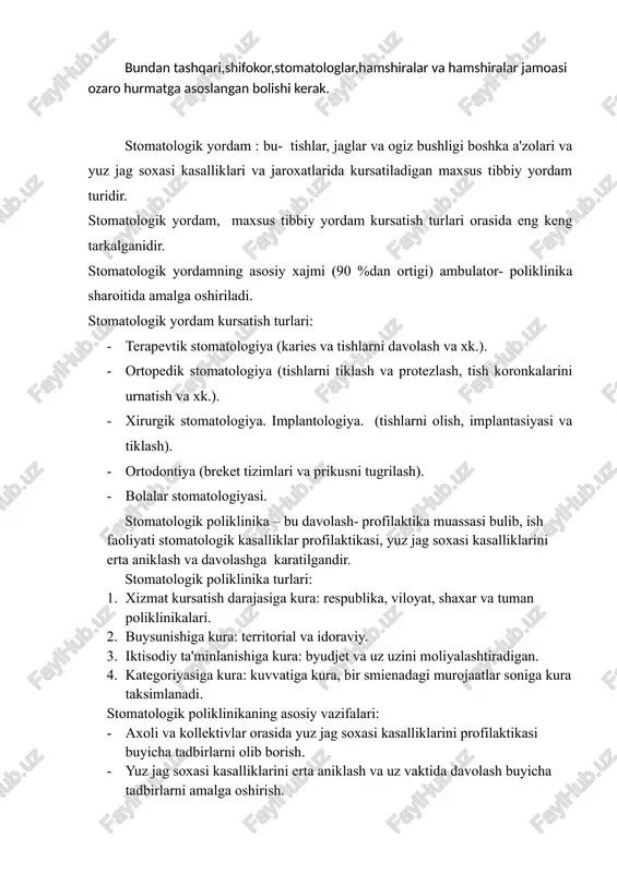 tish bo‘yicha mutaxassis tish protezlarini ishlab chiqarish texnologiyasiga qat’iy rioya qilishi va ishni shifokor tomonidan belgilangan muddatda bajarishi kerak. tish bo yicha mutaxassis, xuddi ortoped-tish shifokori kabi, bemoming huzurida protez dizayni va ishlab chiqarish texnologiyasinitogri tanlashni muhokama qilmasligi kerak.olingan muammolar bemorsiz birgalikda hal qilinadi. bundan tashqari,shifokor,stomatologlar,hamshiralar va hamshiralar jamoasi ozaro hurmatga asoslangan bolishi kerak. stomatologik yordam : bu- tishlar, jaglar va ogiz bushligi boshka a'zolari va yuz jag soxasi kasalliklari va jaroxatlarida kursatiladigan maxsus tibbiy yordam turidir. stomatologik yordam, maxsus tibbiy yordam kursatish turlari orasida eng keng tarkalganidir. stomatologik yordamning asosiy xajmi (90 %dan ortigi) ambulator- poliklinika sharoitida amalga oshiriladi. stomatologik yordam kursatish turlari: · terapevtik stomatologiya (karies va tishlarni davolash va xk.). · ortopedik stomatologiya (tishlarni tiklash va protezlash, tish koronkalarini urnatish va xk.). · xirurgik stomatologiya. implantologiya. (tishlarni olish, implantasiyasi va tiklash). · ortodontiya (breket tizimlari va prikusni tugrilash). · bolalar stomatologiyasi. stomatologik poliklinika – bu davolash- profilaktika …