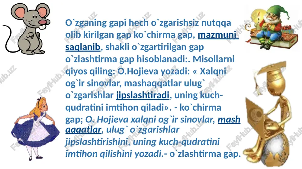 agi to`ldiruvchiga aylantiriladi: «nodira, bugun biznikiga kelmaysanmi?» - deb so`radi fotima. – fotima nodiradan bugun ularnikiga kelishini so`radi. ko`chirma gap tarkibidagi undov, kirish so`zlar tushirib qoldiriladi: «etib keldik, shekilli», - dedi ochil. – ochil yetib kelishganini aytdi. ko’chirma gap so’zlashuv, badiiy uslubda keng qo’llanadi. ko’chirma gap (ko’chirilgan gap) muallif gapidan avval, keyin, muallif gapining ichida kelishi mumkin. o’z navbatida muallif gapi ko’chirma gap orasida berilishi mumkin: nasiba dedi: “sovuqdan oyoqlarim zirqirab og’riyapti” ko’chirma gapda tinish belgilari quyidagicha ishlatiladi: ko’chirilgan (ko’chirma) gap qo’shtirnoq ichiga olinadi: badiiy asarlarda tire bilan ajratib beriladi. “darslarni yaxshi o’zlashtirishga harakat qil”, - dedilar dadam. - ko’p martalab mehmon bo’ldim, - dedi qutidor, -ul vaqtda bobongiz tirik edilar.(a.qodiriy) ko’chirilgan gap darak mazmunida bo’lib, muallif gapidan oldin kelsa, undan keyin vergul va tire qo’yiladi. ko’chirilgan gap so’roq mazmunidagi yoki his-hayajon gap bo’lsa, so’roq yoki undov belgisi qo’shtirnoqdan oldin qo’yiladi (keyin vergul qo’yilmaydi). “aytilganlarni nega olib kelmading ?”- dedilar …