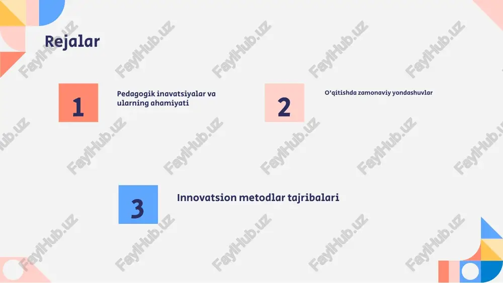 ini modernizatsiya qilish va yangi texnologiyalarni qo'llash orqali amalga oshiriladi. bu o'qituvchilar va o'quvchilar o'rtasidagi aloqa va hamkorlikni kuchaytiradi. masalan, onlayn ta'lim platformalarining ishlatilishi o'quvchilarga har qanday vaqtda ta'lim olish imkonini beradi. bu esa o'qish jarayonini shaxsiylashtirishga yordam beradi. o'qitish metodlarini yangilash o'qitish metodlarini yangilash zamonaviy pedagogikada muhim ahamiyatga ega. bu yondashuv o'quv jarayonini yanada samarali qilishga yordam beradi. zamonaviy metodlar kreativlik, tanqidiy fikrlash va muammolarni hal etish ko'nikmalarini rivojlantiradi. bunday metodlar yordamida talabalar faol ishtirok etishga undaladi. masalan, loyiha asosida o'qitish usuli o'quvchilarga amaliy ko'nikmalarni shakllantirish imkonini beradi. bu esa ularning kelajakdagi ish faoliyatida muvaffaqiyat qozonishlariga yordam beradi. innovatsion texnologiyalarni qo'llash texnologiyalarni qo'llash o'qitish jarayonini qiziqarli qiladi. o'yinlar va interfaol metodlar talabalarning ko'nikmalarini rivojlantiradi va bilim olish jarayonini samaraliroq qiladi. innovatsion ta'lim usullari talabalarning faolligini oshiradi. ular kreativ fikrlashni rag'batlantiradi va muammolarni hal qilishga yordam beradi. texnologiyalar va o'yinlar innovatsion ta'lim usullari talabalar bilan interaktiv aloqalar interaktiv dars o'tish …