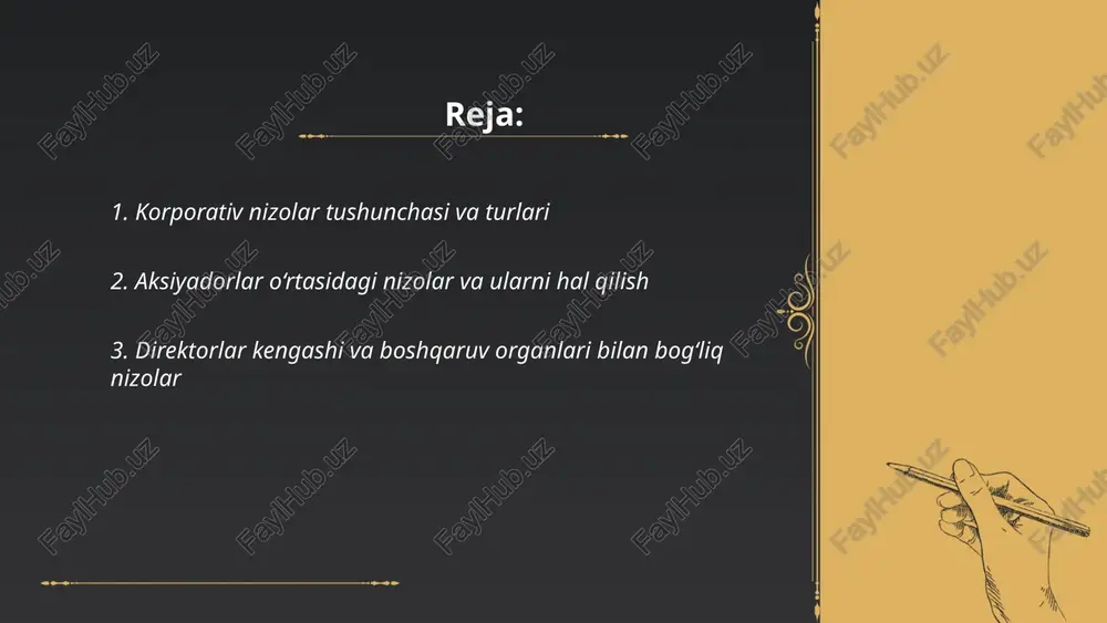 va huquqiy da'vo: direktorlarning javobi va kompensatsiya. 8. oldini olish: aniq rol va protsedura, manfaatlar deklaratsiyasi. ... t.me/slaydai_bot ishonchli vazifalar — korporativ rahbarlar va direktorlarning kompaniya manfaatlarini ustun qo‘yish majburiyati. buzilishlari: manfaatlar to‘qnashuvi, shaxsiy manfaatlarda bitimlar, korporativ imkoniyatlarni o‘zlashtirish, ma'lumotni yashirish va moliyaviy suiiste'mol. javobgarlik tartibi: ichki tekshiruv va direktorlar kengashi qarori, kompensatsiya va zararlarni undirish, favqulodda injunksiya, derivativ da'vo, sud yoki arbitratsiya, jinoiy ta'qib va regulator jarimalari. muayyan talablar: dalil, isbot yuklamasi, muddatlar va qoidalar qonun bilan belgilanadi. ... t.me/slaydai_bot aksiyadorlik shartnomalari kompaniya ichidagi munosabatlarni tartibga soladi, aksiyalarni sotib-olish, ovoz berish huquqlari, dividend siyosati va chiqib ketish shartlarini belgilaydi. nizolarni oldini olish mexanizmlari: 1) majburiy kelishuv va moliyaviy axborot almashish; 2) oraliq vositachi yoki ekspert bilan kelishuv; 3) inklyuziv chiqib ketish mexanizmlari (buyout, put/call); 4) suddan tashqari nizolarni hal etish — arbitraj va meditatsiya. ... t.me/slaydai_bot ichki nizolarni hal qilish tartiblari korporativ protseduralarda 1) murosaga asoslangan vositalar mediatatsiya, 2) …