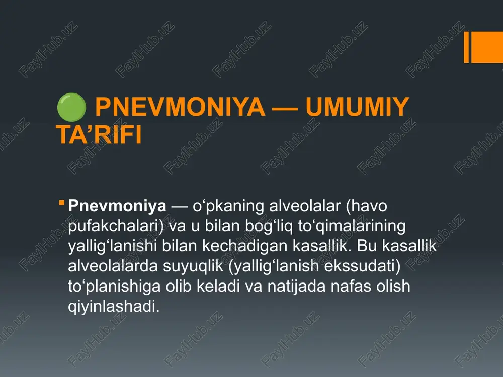 llarda qo‘llanadi. 🟢 davolash usullari ✅ antibakterial terapiya: jso pnevmoniyada: amoksitsillin, amoksitsillin-klavulanat, makrolidlar (azitromitsin, klaritromitsin). og‘ir shakllarda: tsefalosporinlar (iii–iv avlod), karbapenemlar. ✅ virusli pnevmoniyada: antiviral preparatlar (masalan, oseltamivir grippga qarshi). ✅ qo‘shimcha terapiya: yotib davolanish, namlagichlar bilan nafas olishni yengillashtirish. nafas olish mashqlari (fizioterapiya). suyuqlik yetarli bo‘lishini ta’minlash. 🟢 statistika 🌍 jahon miqyosida: har yili ~450 million odam pnevmoniya bilan kasallanadi. yiliga ~2.5 million o‘lim holatlari kuzatiladi (asosan bolalar va keksalar orasida). 🇺🇿 o‘zbekiston bo‘yicha (tahminiy ma’lumotlar, so‘nggi yillarda): har yili pnevmoniya bilan 100,000 dan 150,000 bemor kasallanadi. o‘lim ko‘rsatkichi dunyo bo‘yicha bolalar o‘rtasida eng yuqori ko‘rsatkichlardan biri bo‘lib qolmoqda. 🟢 pnevmoniya holatlari – viloyatlar kesimida (2021-yil iyul oyi ma’lumotlariga ko‘ra) prodaji toshkent v toshkent sh jizzax v surxondaryo v qoraqalpog'iston r samarqand v 3240 1288 998 569 766 522 stolbets1 toshkent v toshkent sh jizzax v surxondaryo v qoraqalpog'iston r samarqand v 0.371 0.14799999999999999 0.114 6.5000000000000002e-2 8.7999999999999995e-2 0.06 viloyatlar …